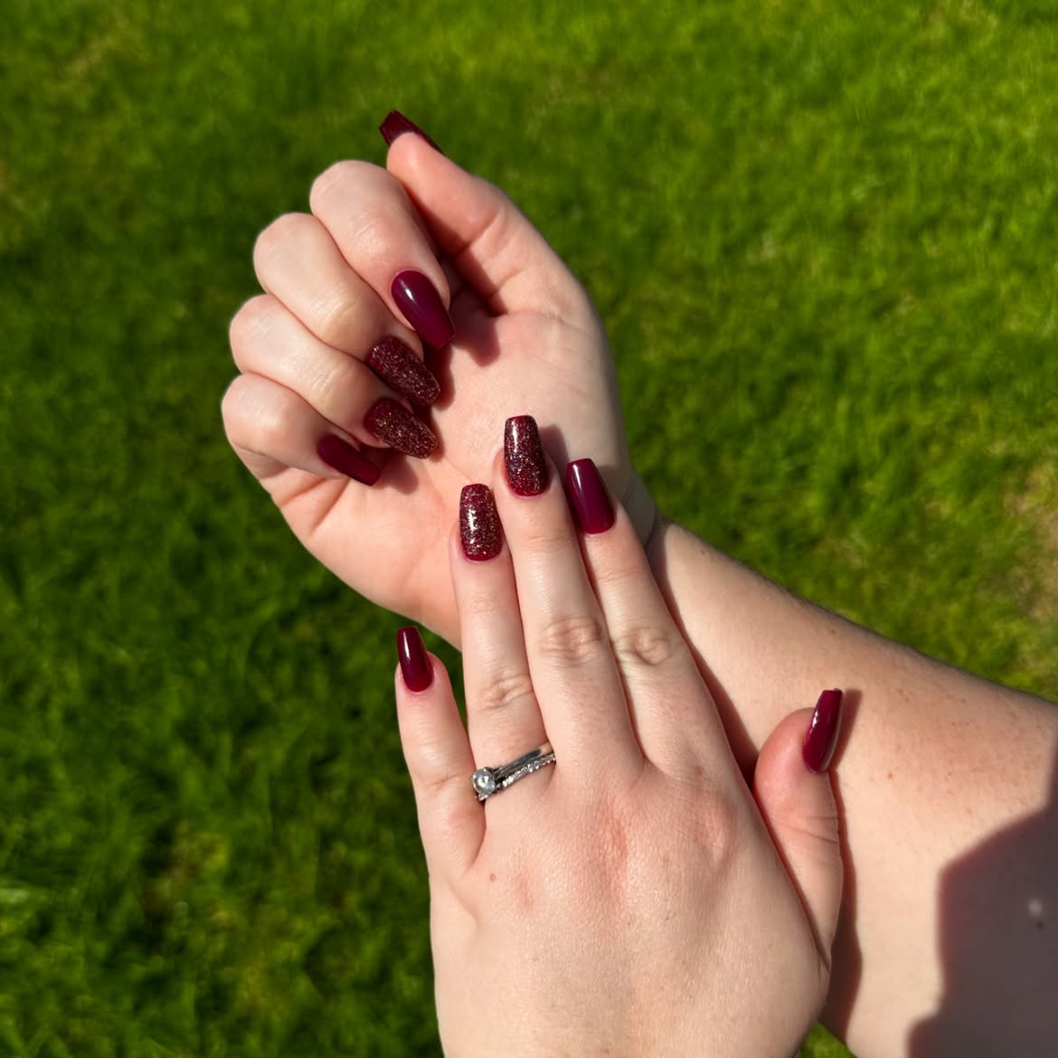 Deep Burgundy Glitter Accent Coffin Nails