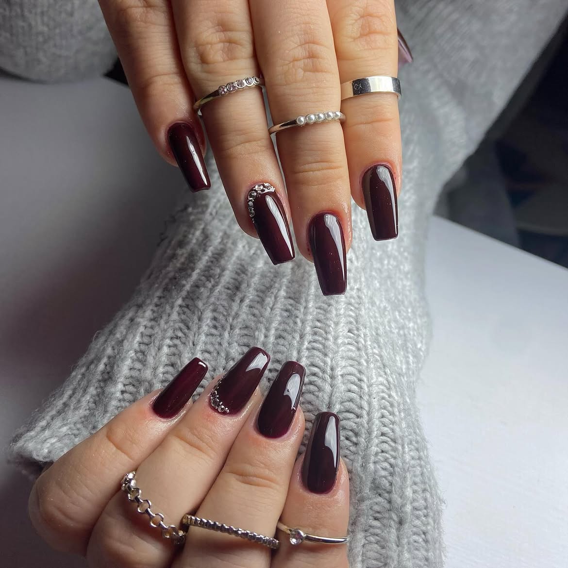 Deep Burgundy Glossy Coffin Nails with Crystal Accents