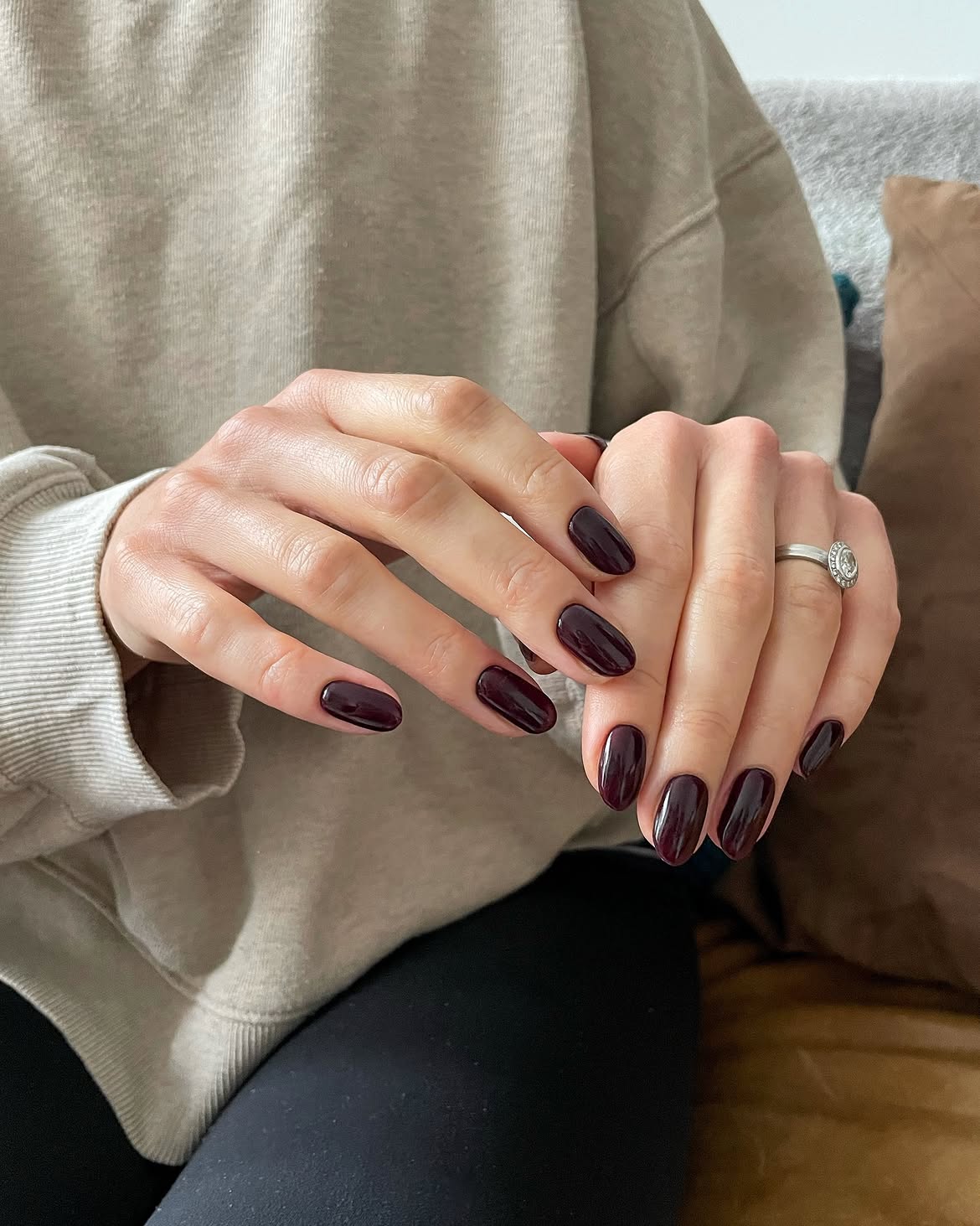 Deep Burgundy Glossy Oval Nails
