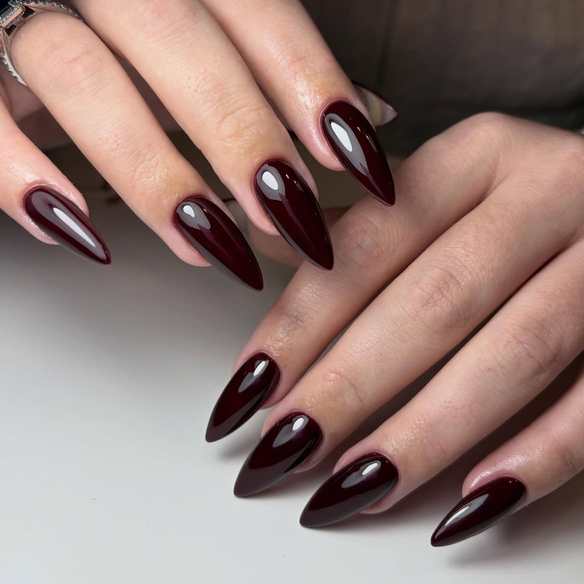 Deep Burgundy Glossy Stiletto Nails