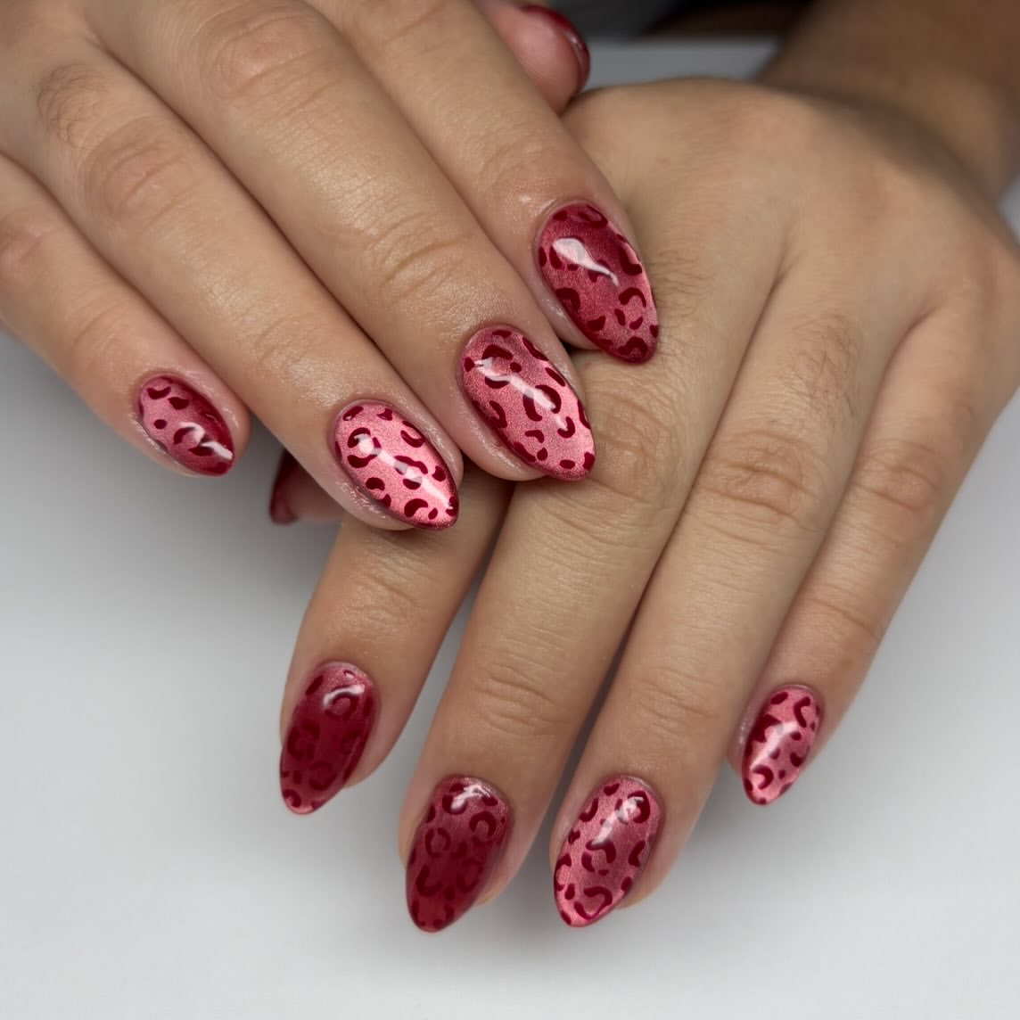 Deep Burgundy Leopard Print Cat Eye Nails