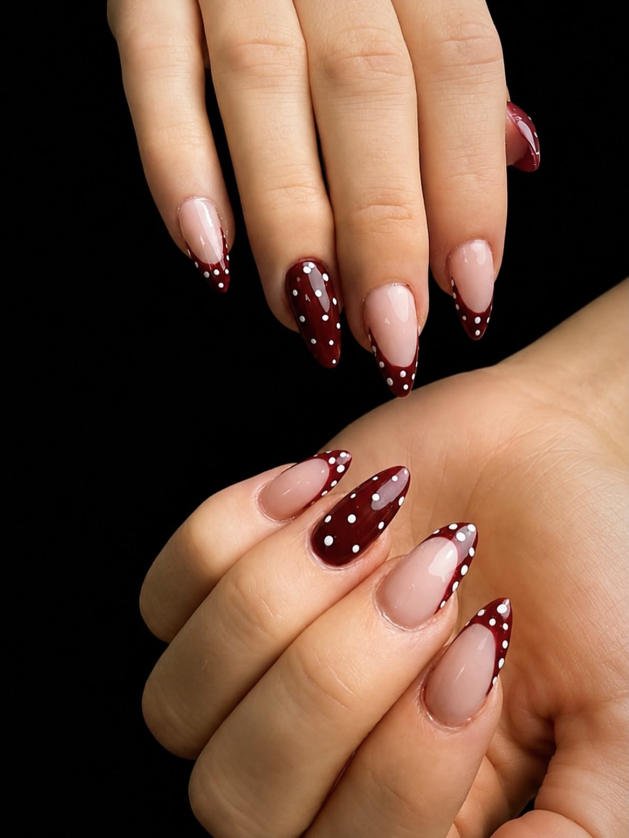 Deep Burgundy Polka Dot French Almond Nails