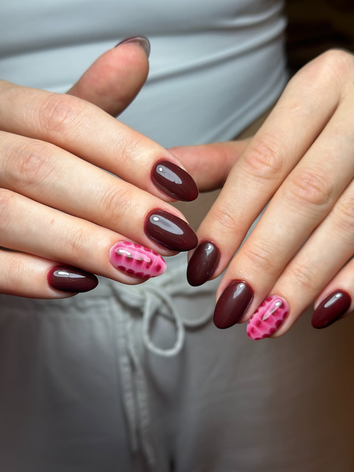 Deep Burgundy Swirl Marble Almond Nails