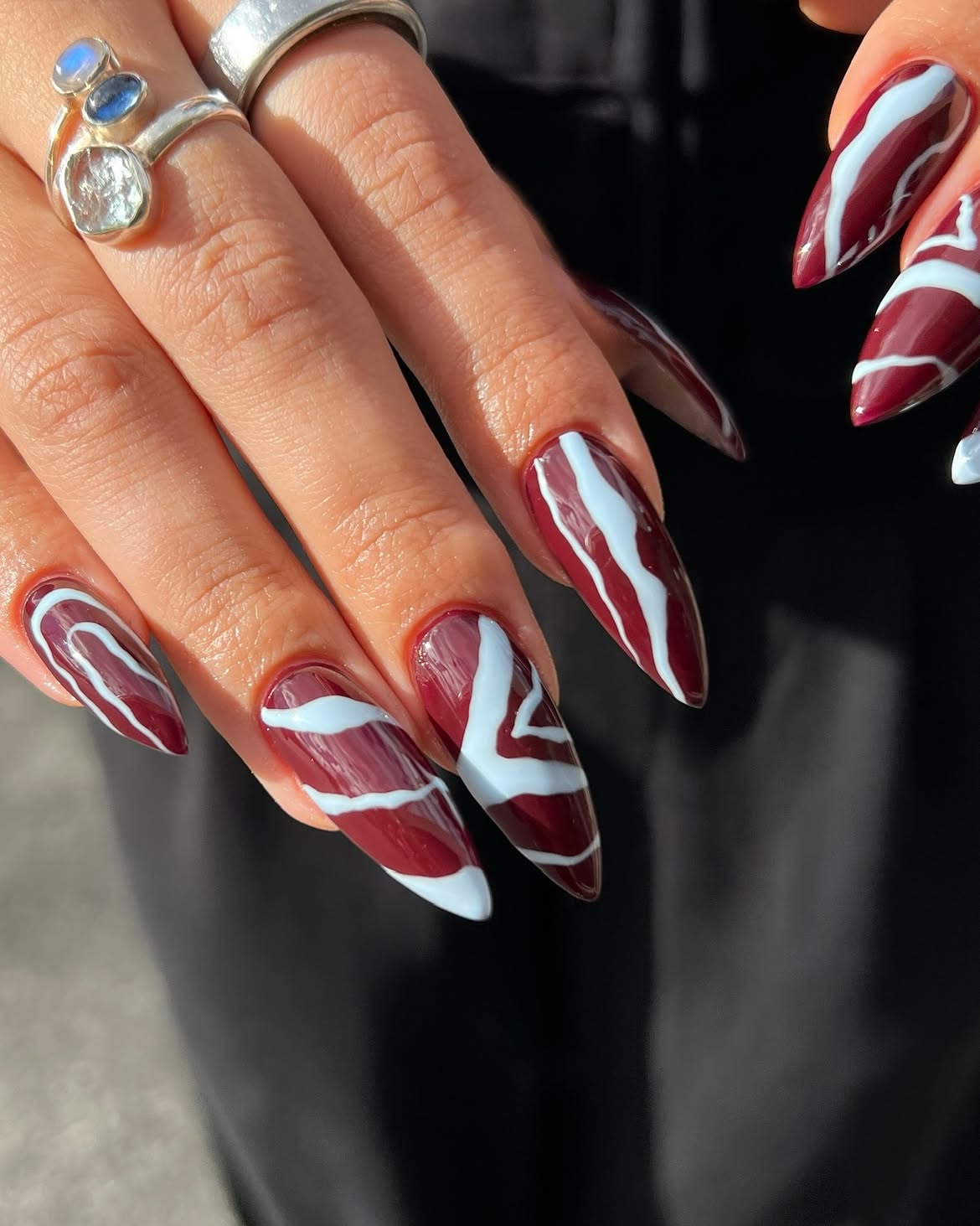 Deep Burgundy Swirls Over White Long Stiletto