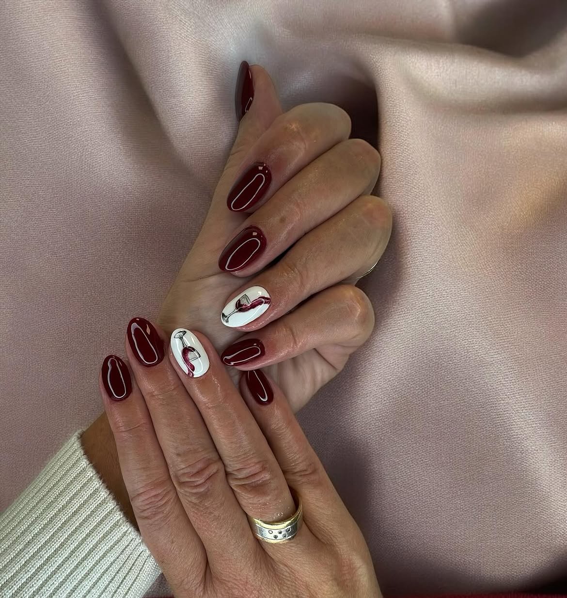 Deep Burgundy Wine Glass Oval Nails