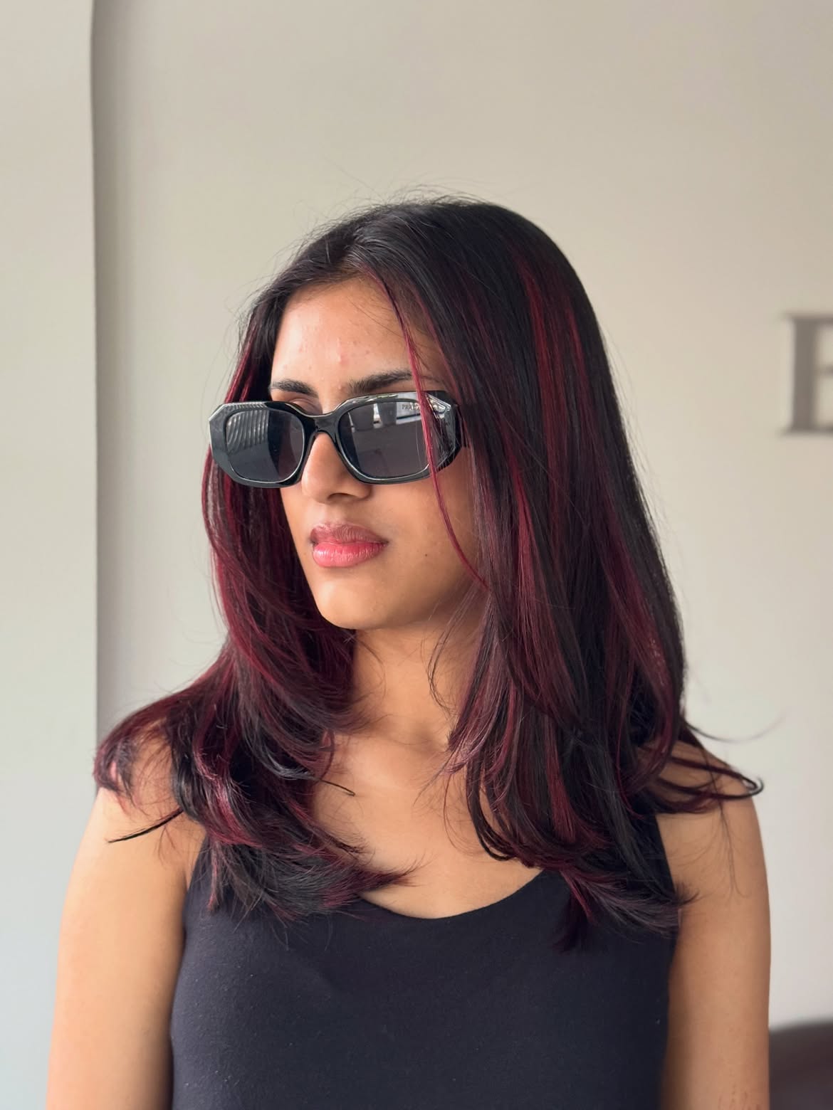 Deep Cherry Highlights On Dark Layered Hair