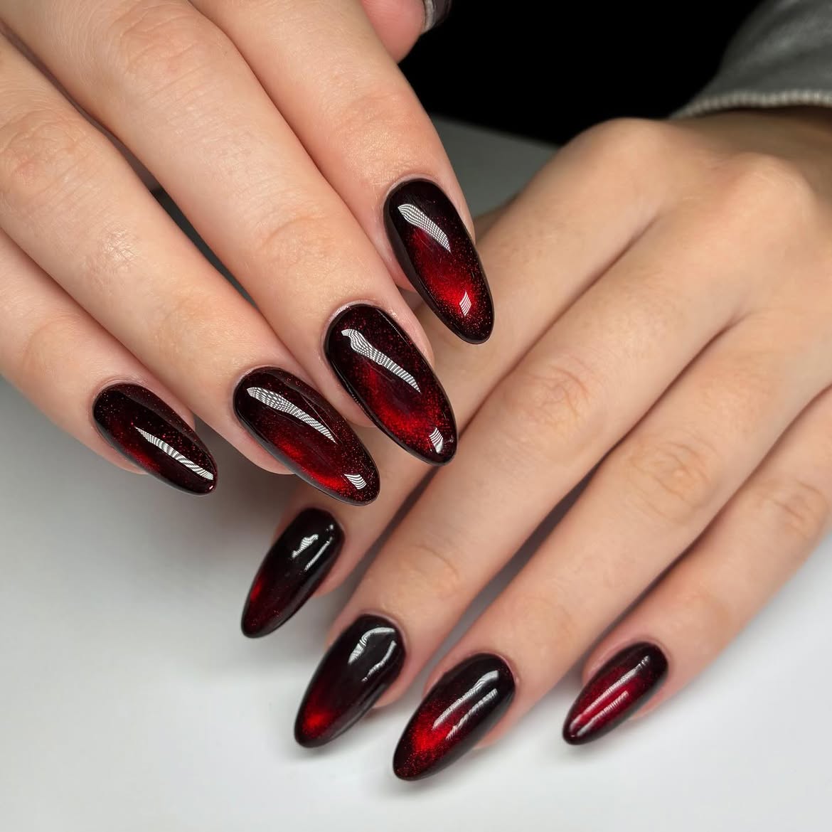 Deep Cherry Red Cat Eye Oval Nails