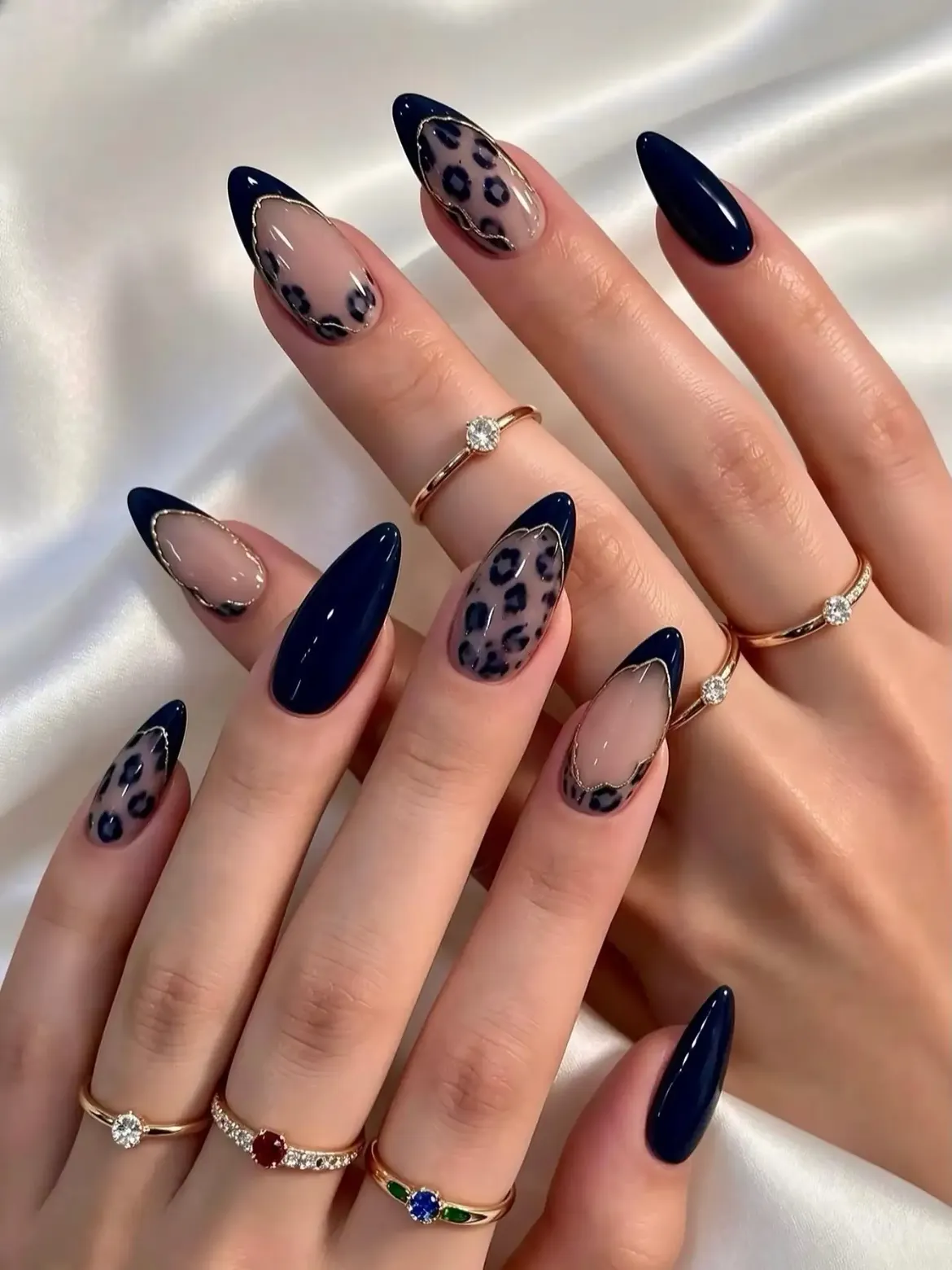 Deep Navy Leopard French Tip Almond Nails