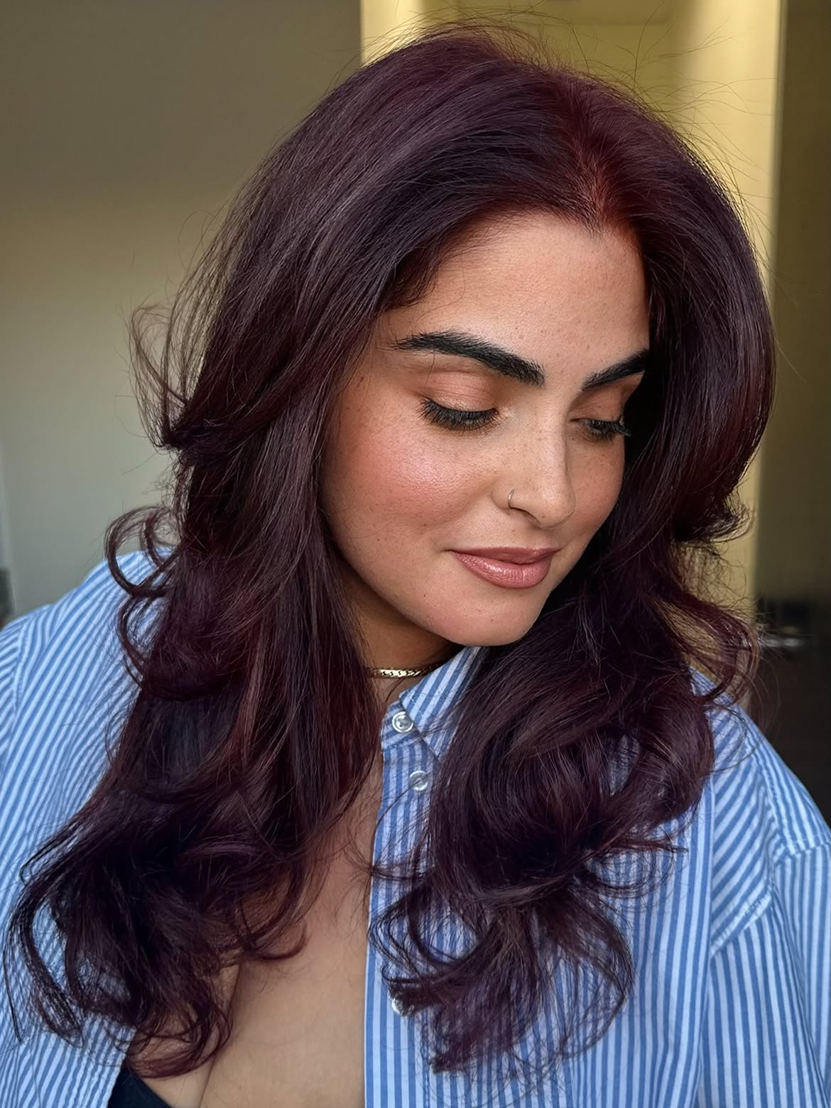 Deep Plum Layers With Voluminous Face Framing