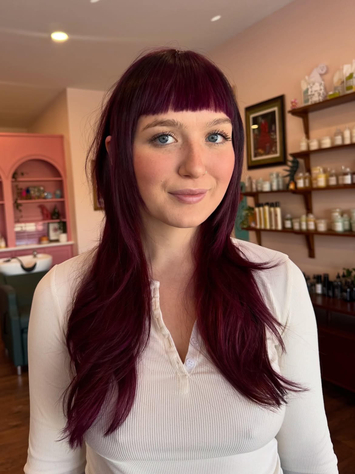 Deep Plum Long Layers With Blunt Baby Bangs