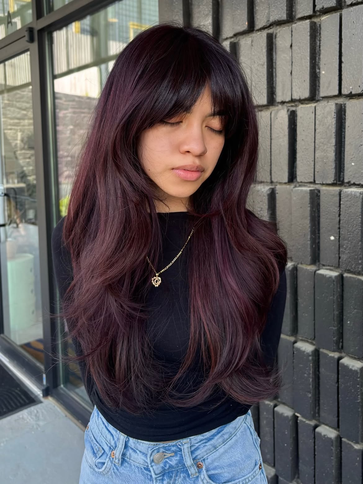 Deep Plum Long Layers With Feathered Curtain Bangs