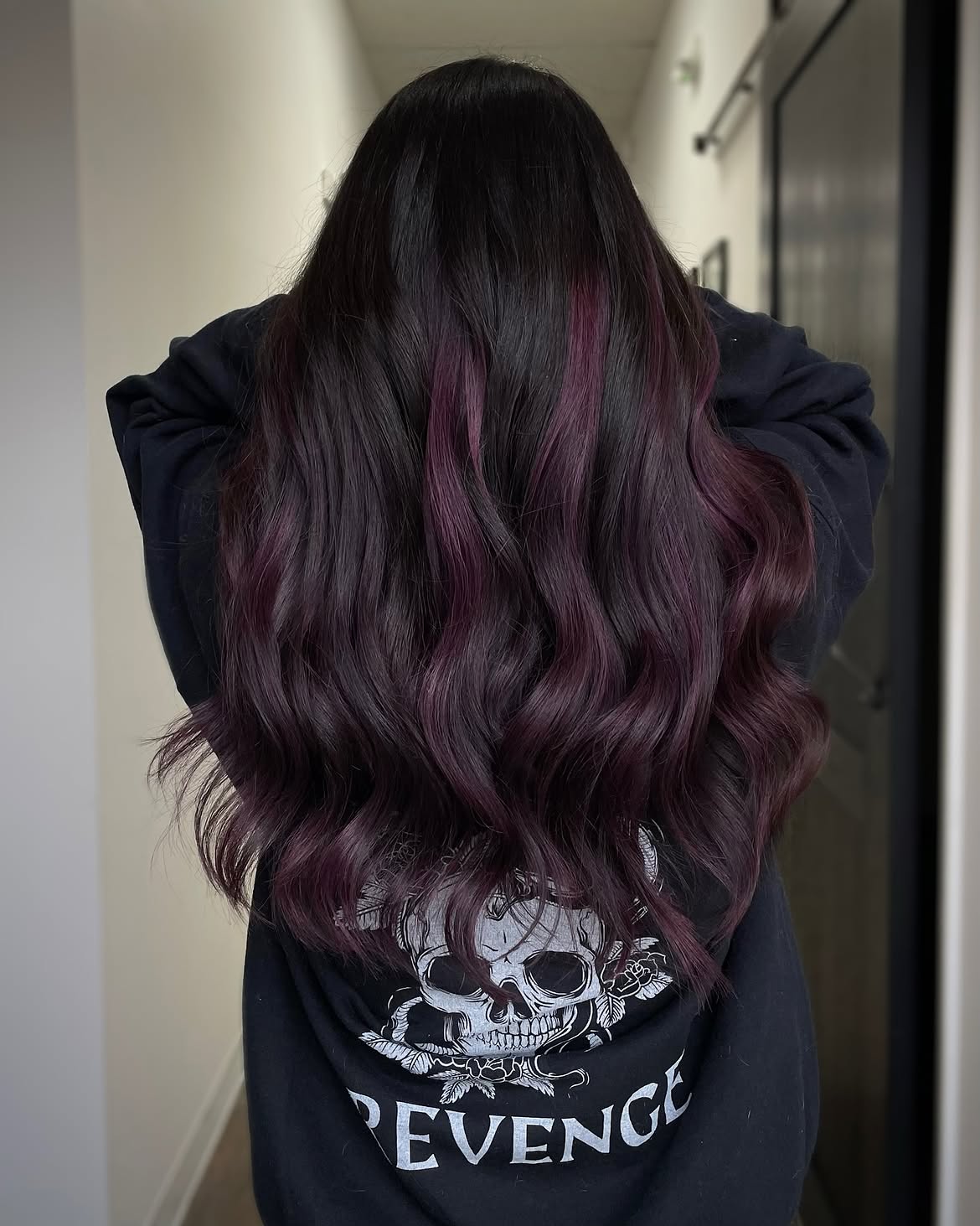 Deep Plum Peekaboo Highlights On Dark Hair