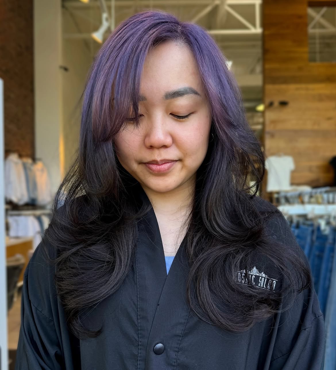 Deep Plum Side Swept Bangs With Soft Layers