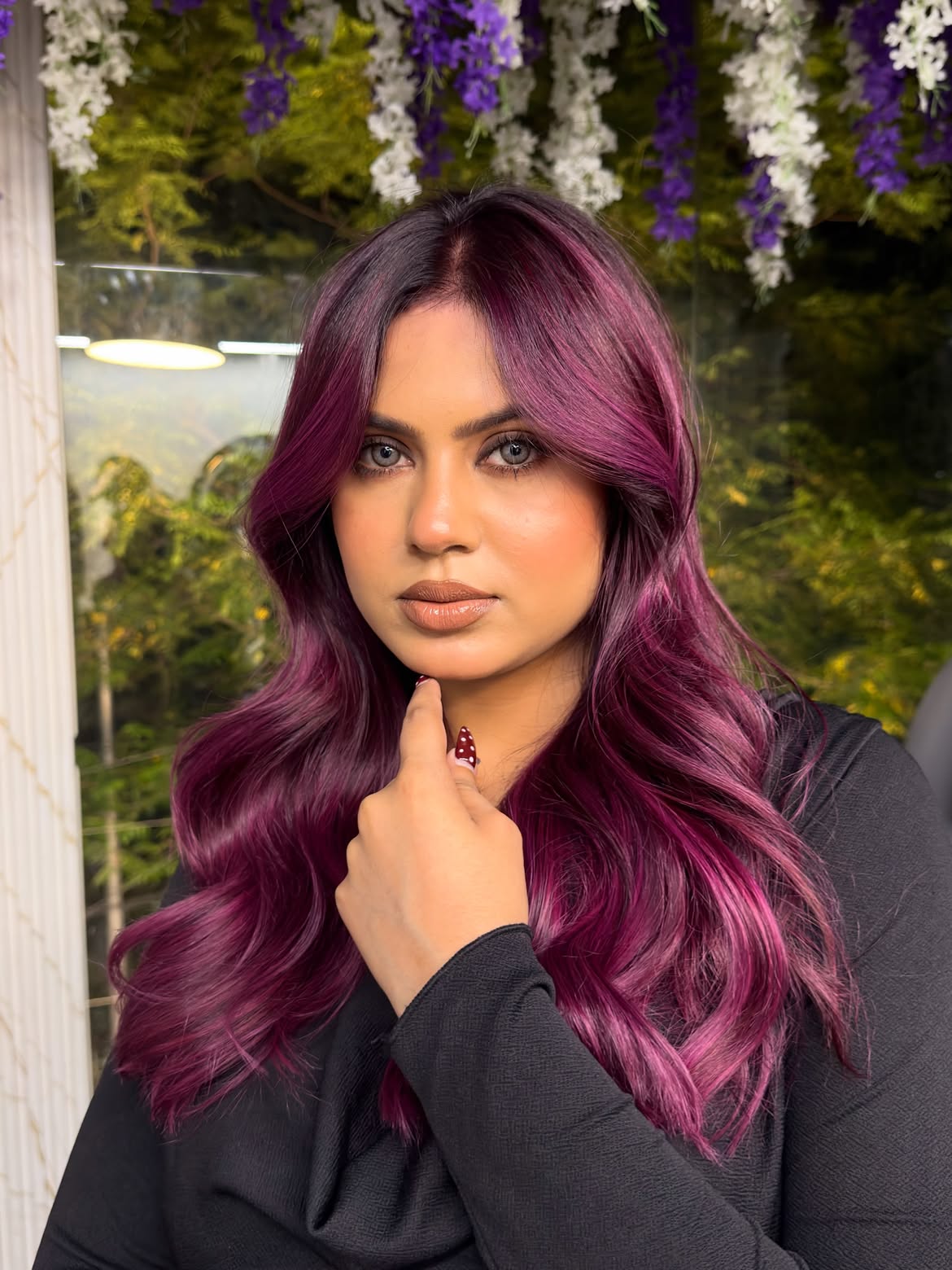 Deep Plum Waves With Soft Curtain Bangs