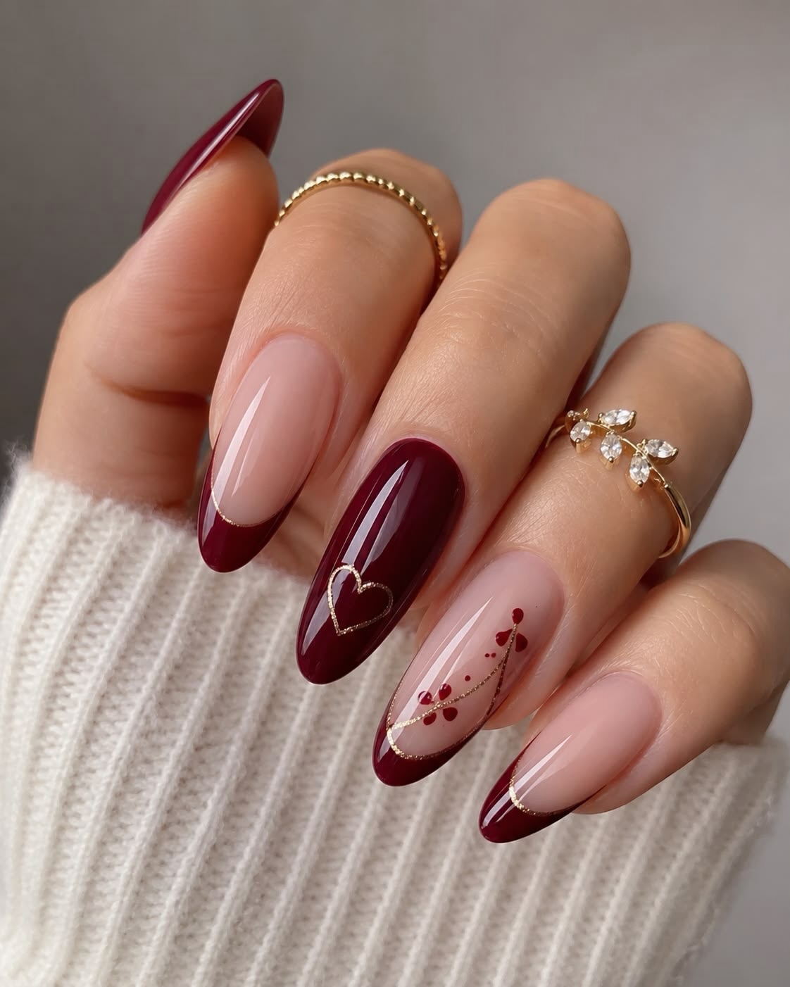 Deep Red Heart French Almond Nails