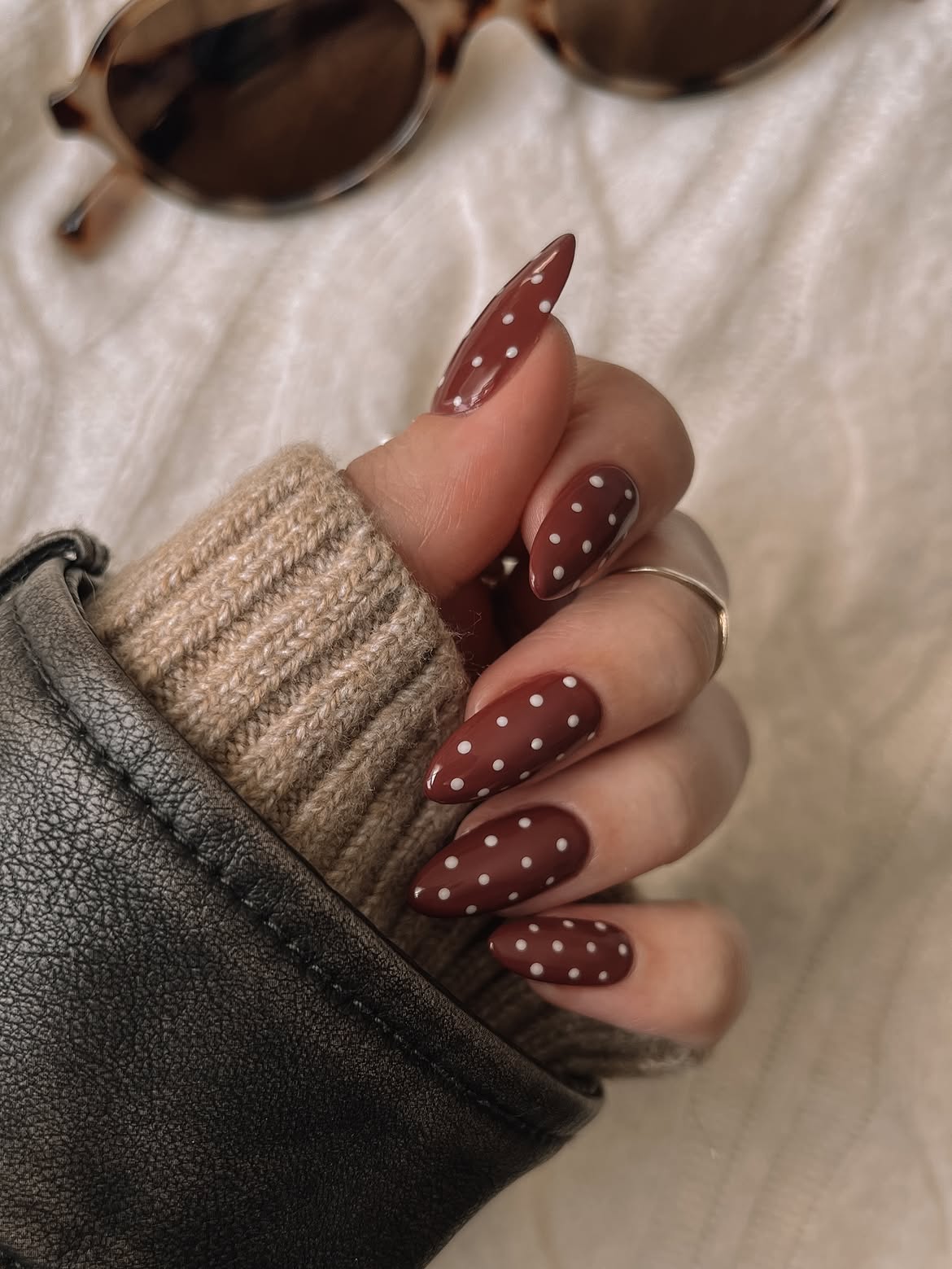 Deep Red Polka Dot Almond Nails