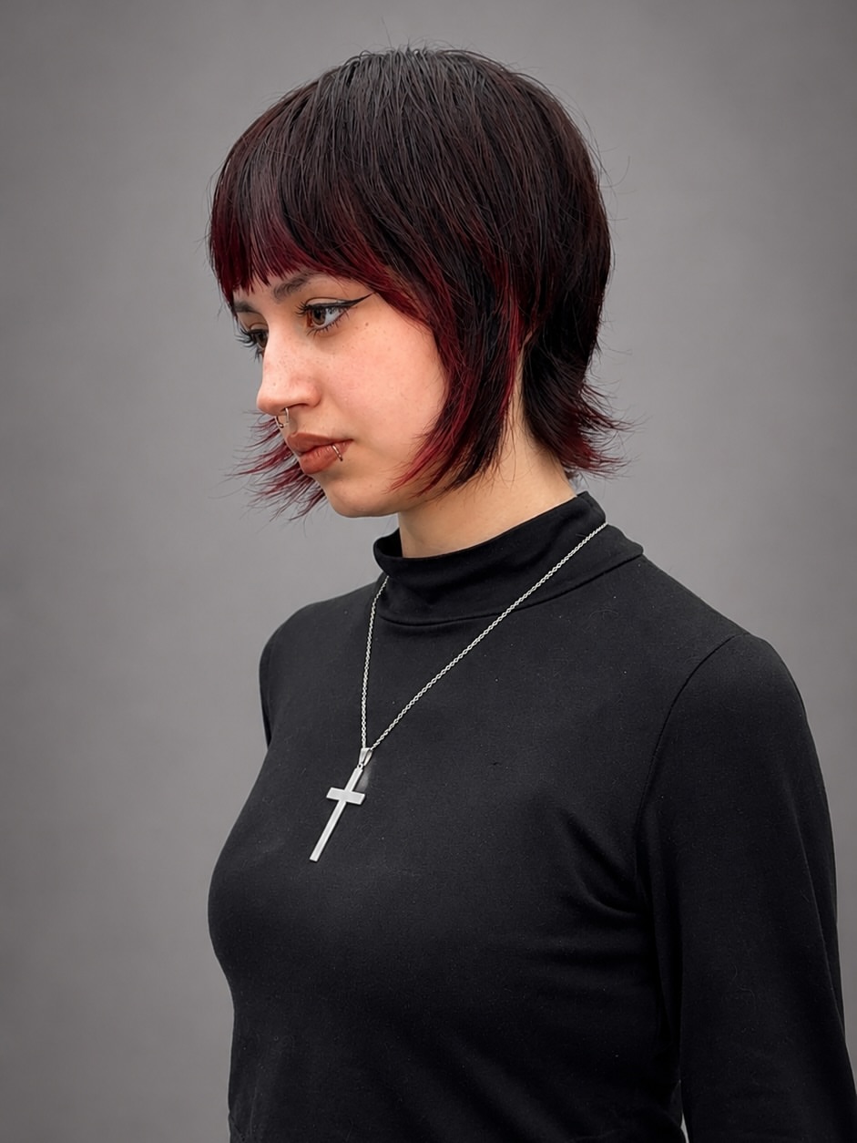 Deep Red Streak Shag With Wispy Bangs