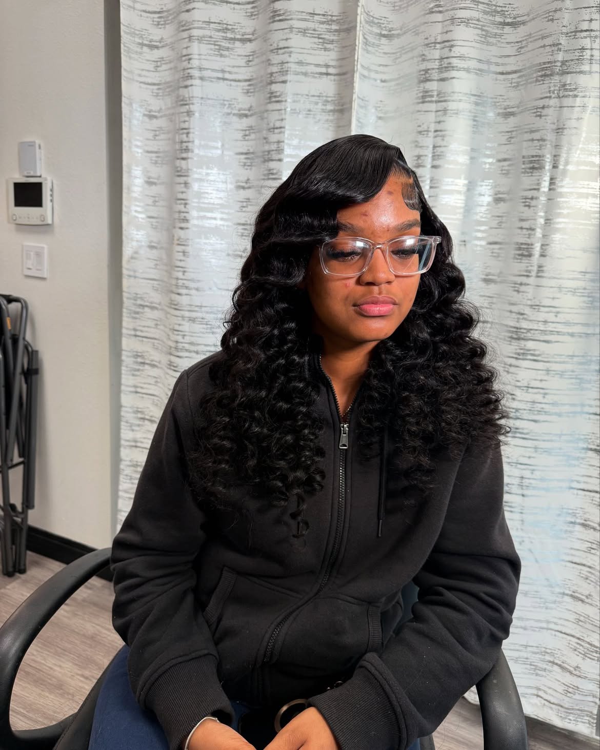 Deep Side Part Wet Look Curls With Swoop Bang