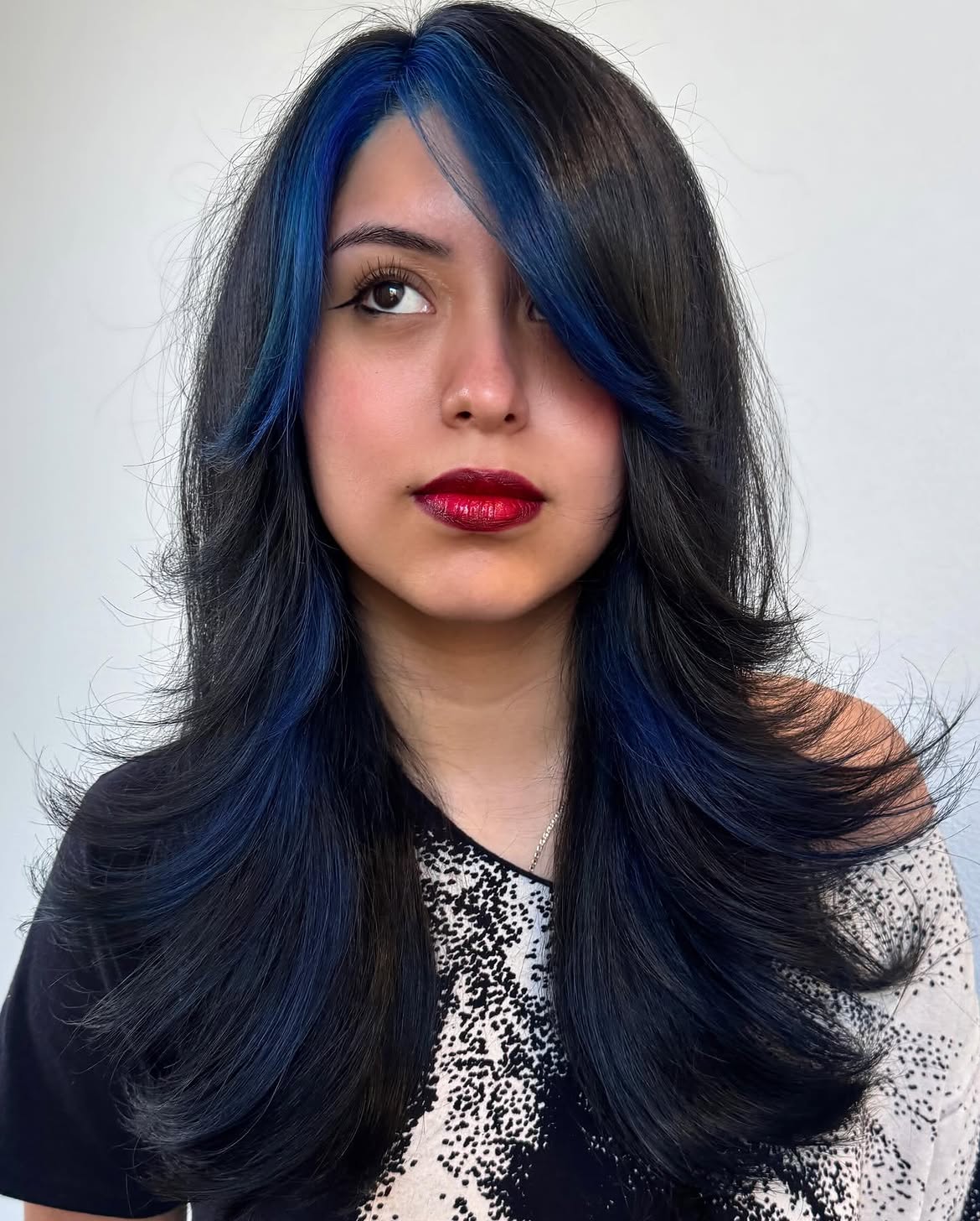 Deep Side Swept Bangs With Electric Blue Highlights