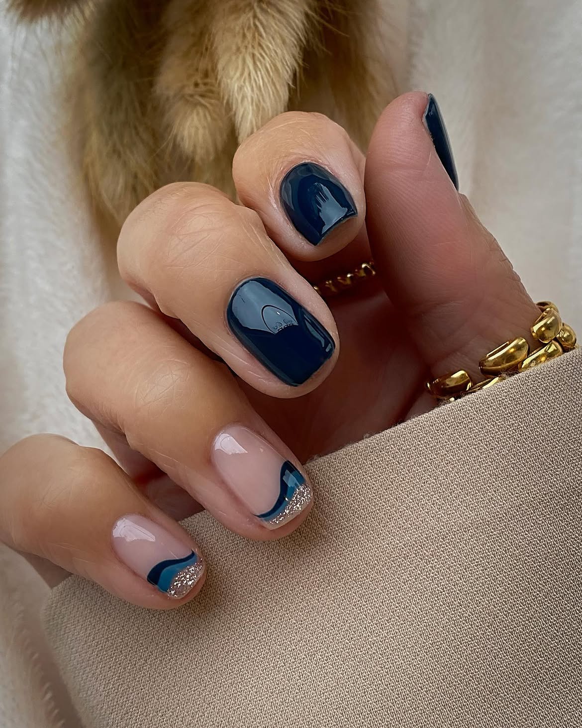 Deep Teal French Wave with Glitter Accent