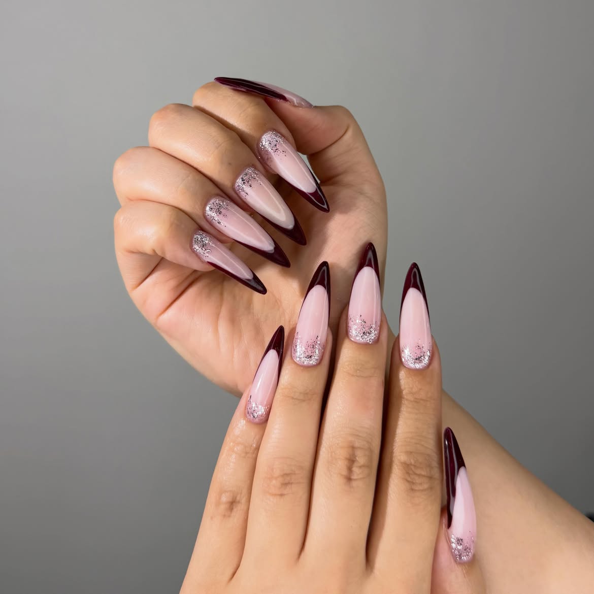 Deep Wine French Tip Glitter Accent Nails