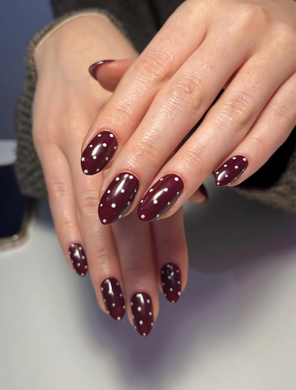 Deep Wine Polka Dot Almond Nails
