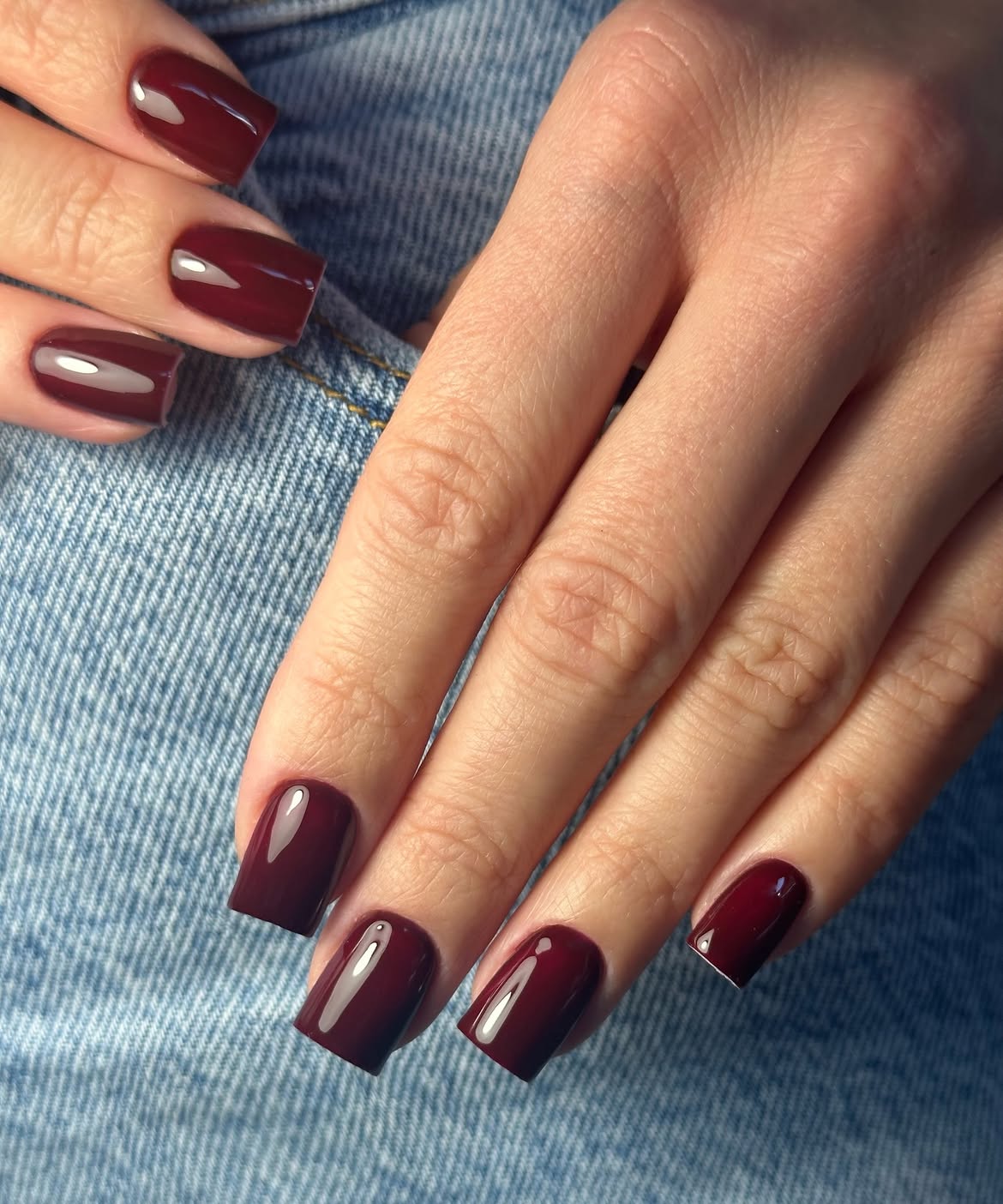 Deep Wine Red High Gloss Square Nails
