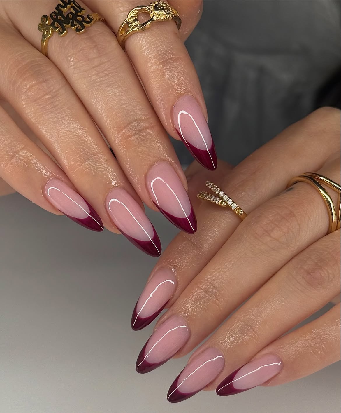 Deep Wine V-Cut French Almond Nails