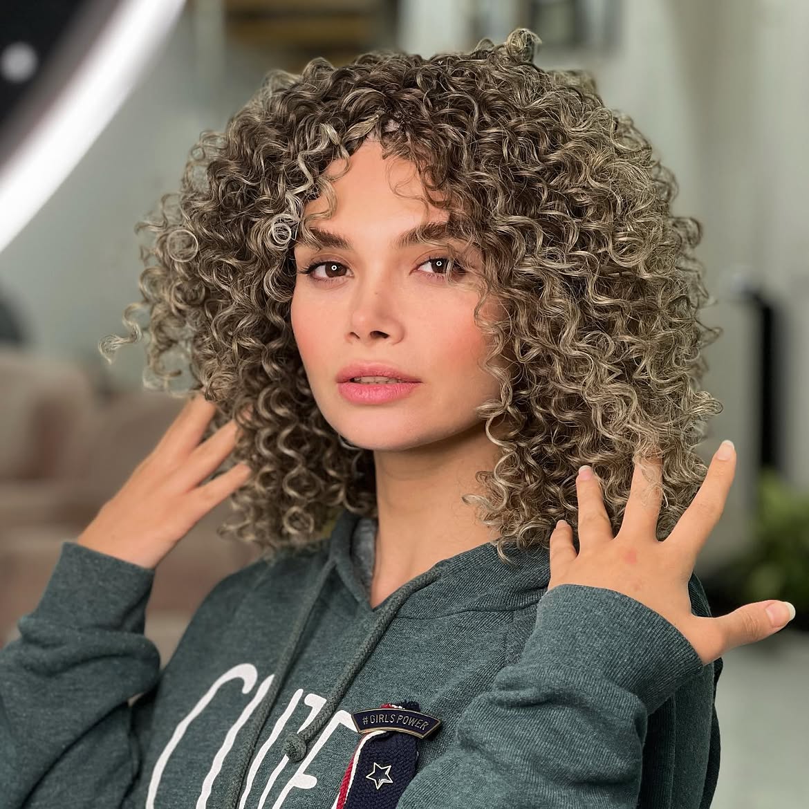 Dimensional Ash Blonde Curly Shag With Curly Bangs