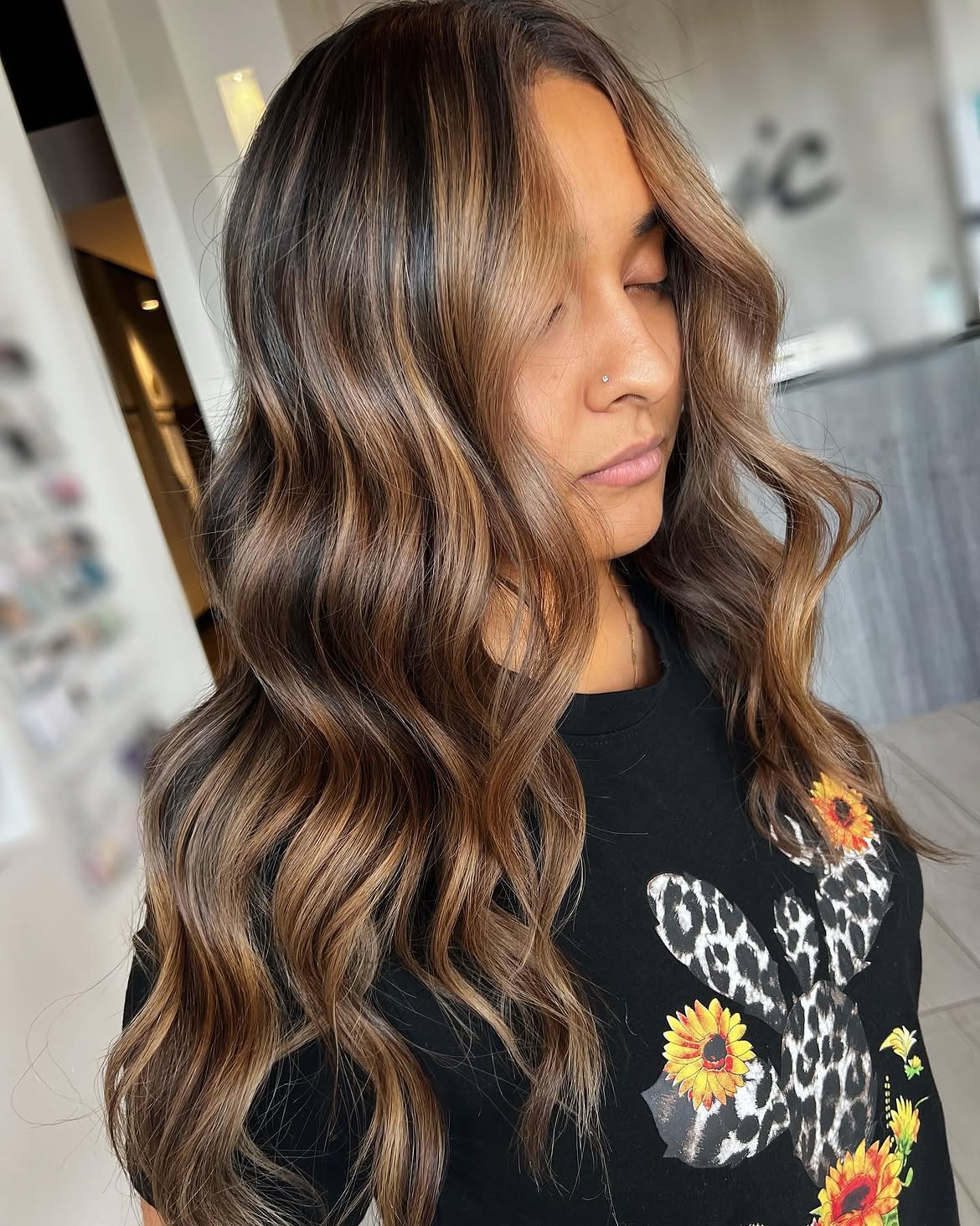 Dimensional Golden Brown Balayage Waves