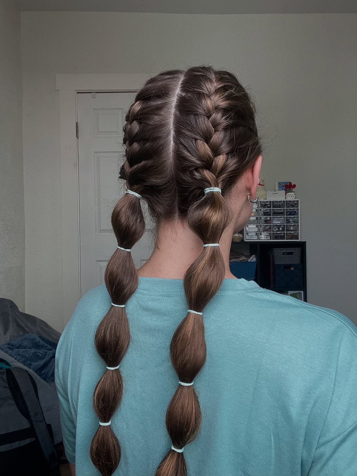Double Dutch Bubble Braids With Natural Brown Hair