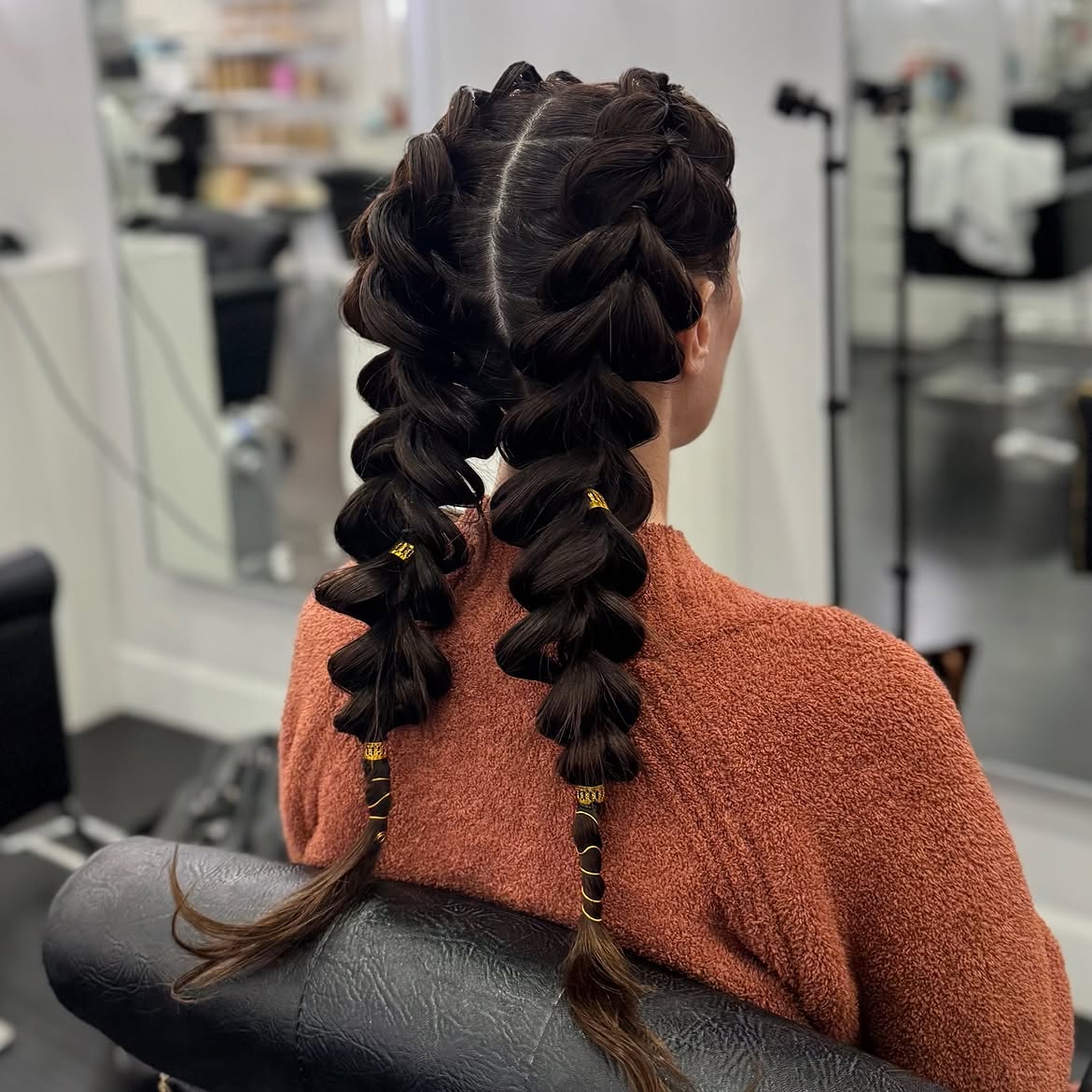 Dutch Braids With Fishtail Ends & Gold Accents