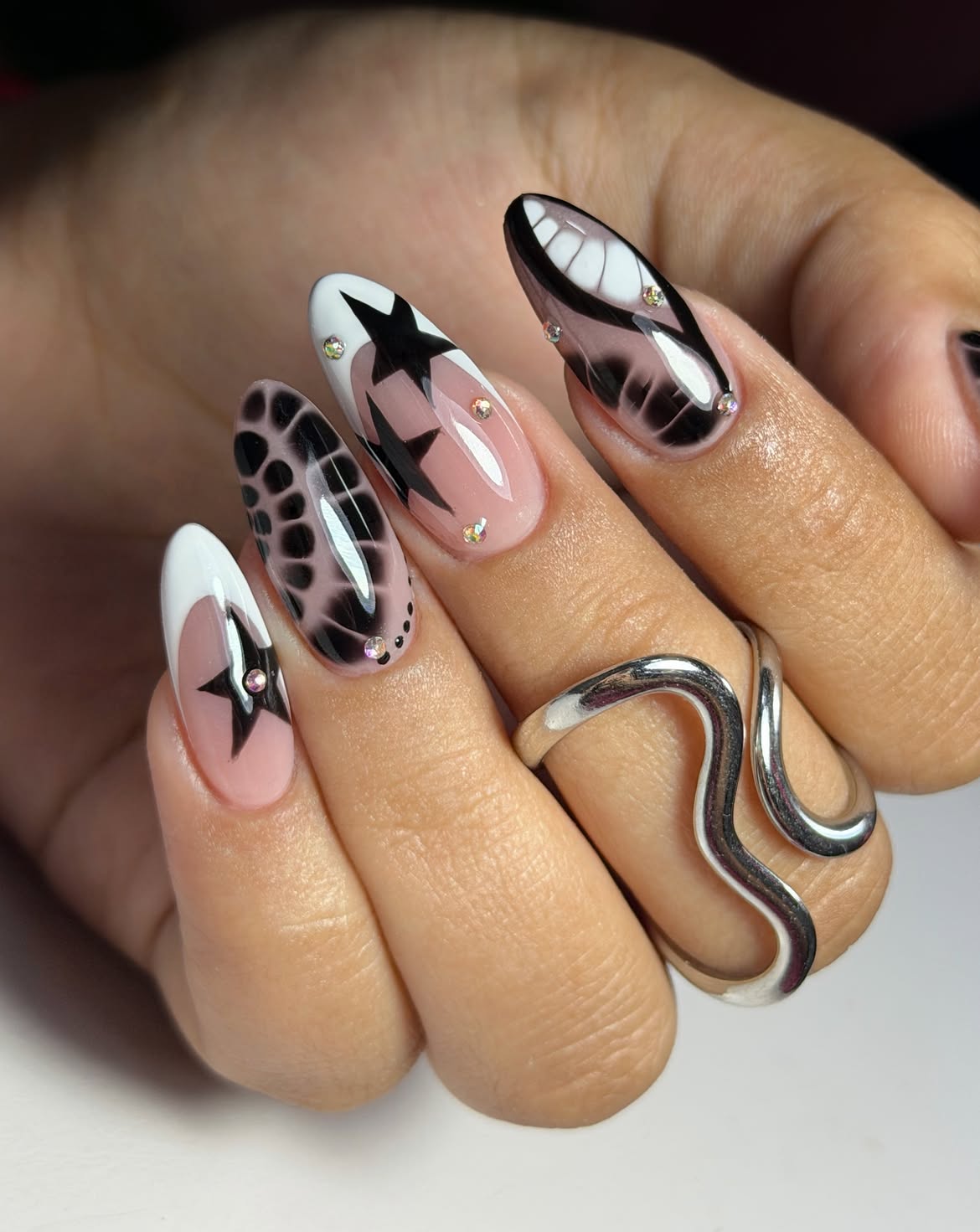 Edgy Abstract French Tip Nail Art With Stars