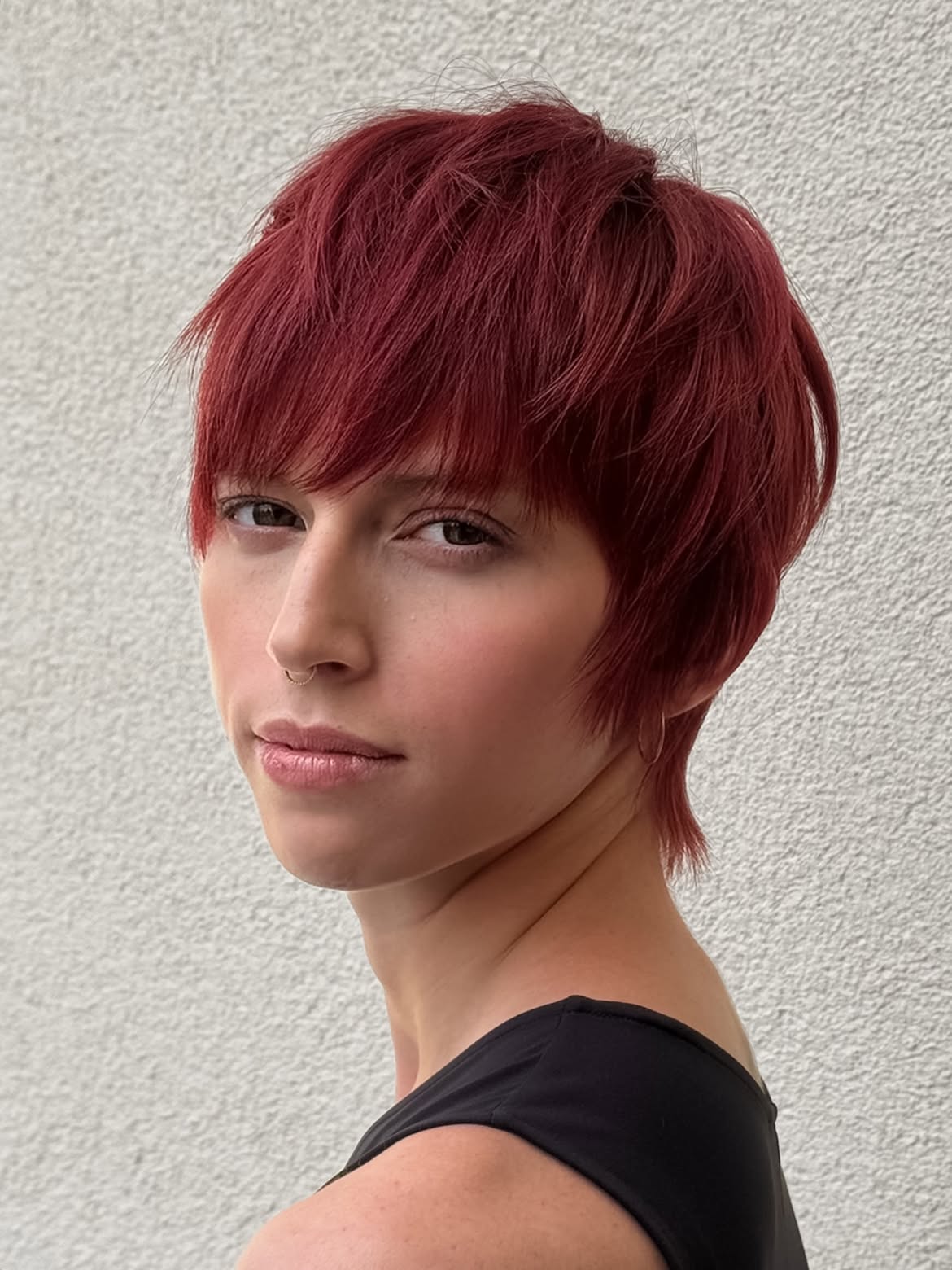 Edgy Deep Cherry Red Pixie Cut