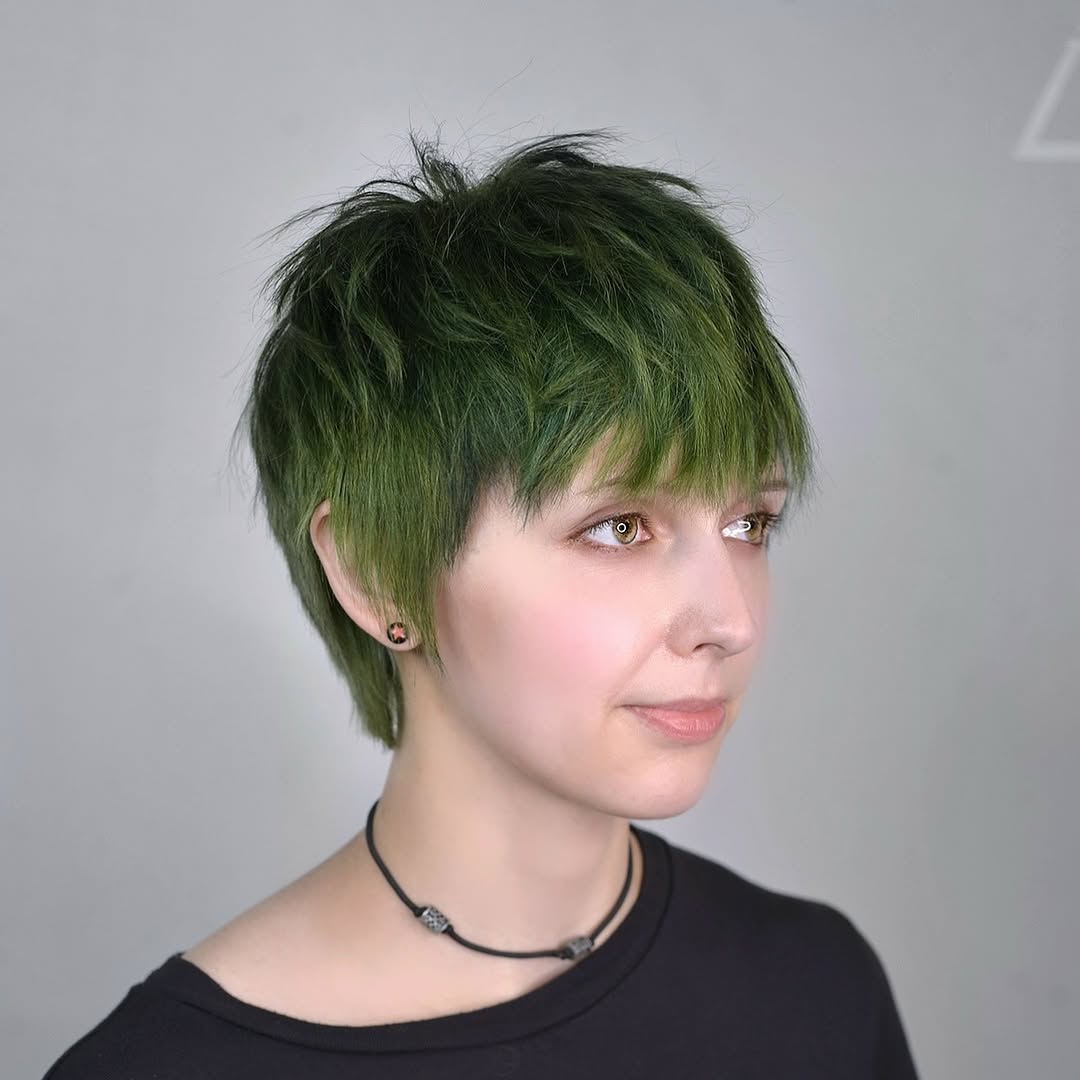 Edgy Moss Green Choppy Pixie Cut