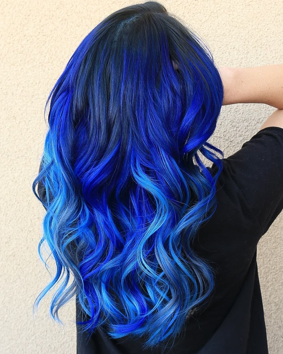 Electric Blue Ombre Waves With Dark Roots