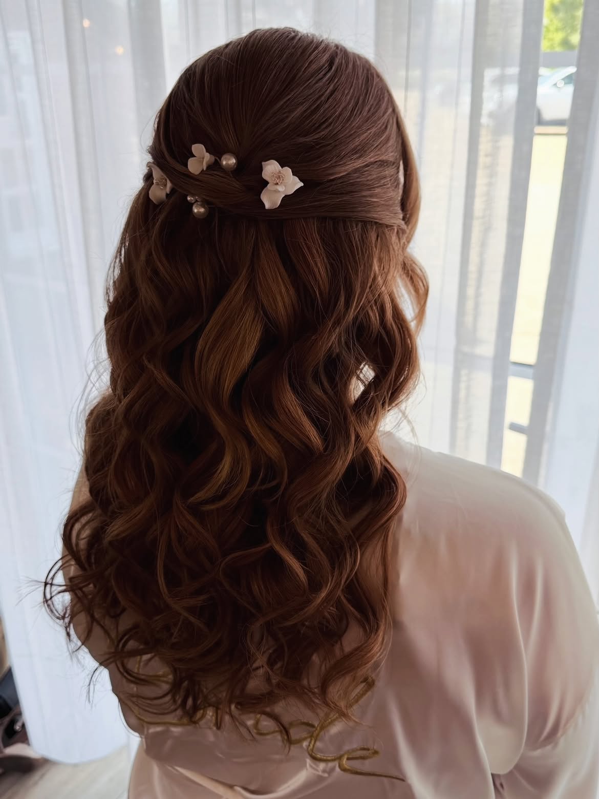 Elegant Half-Up Waves With Floral Pearl Pins