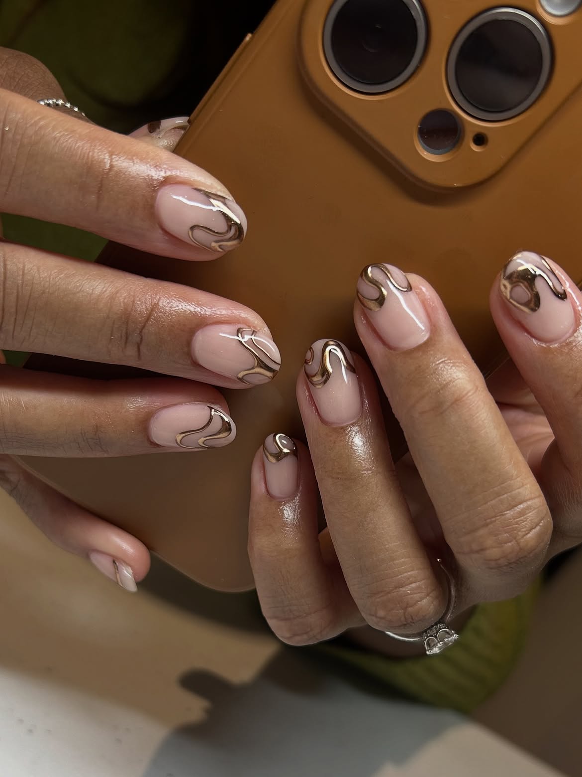 Elegant Nude Swirl French With Gold Accent