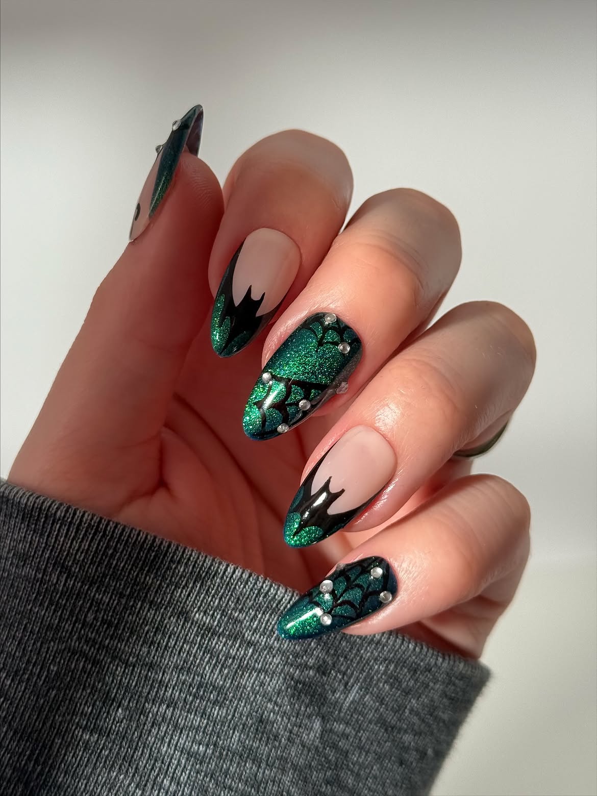 Emerald Glitter Bat French Halloween Nails