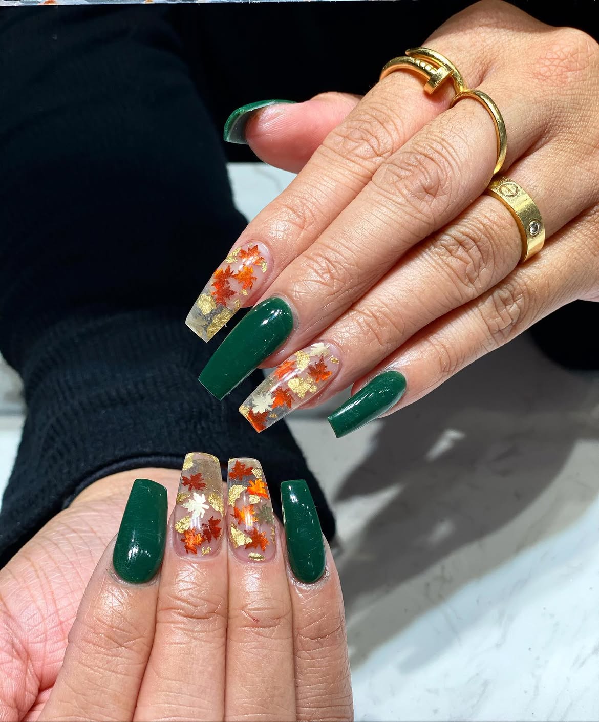 Emerald Green Coffin Nails With Autumn Leaf Inclusions