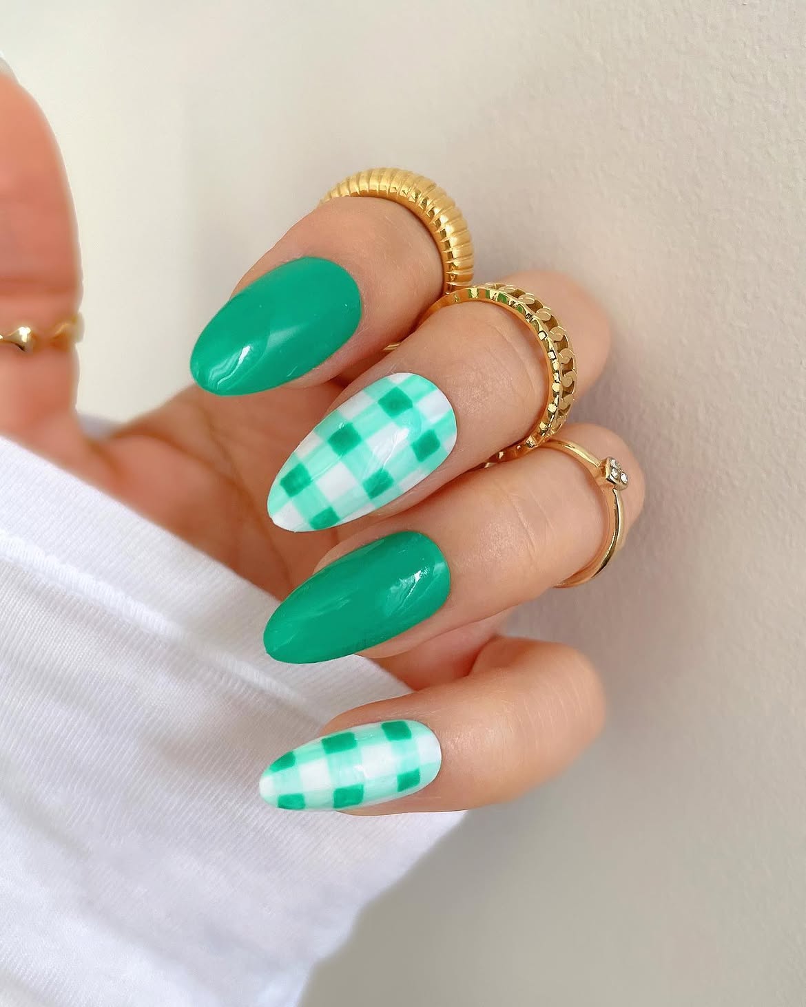 Emerald Green Gingham Almond Nails