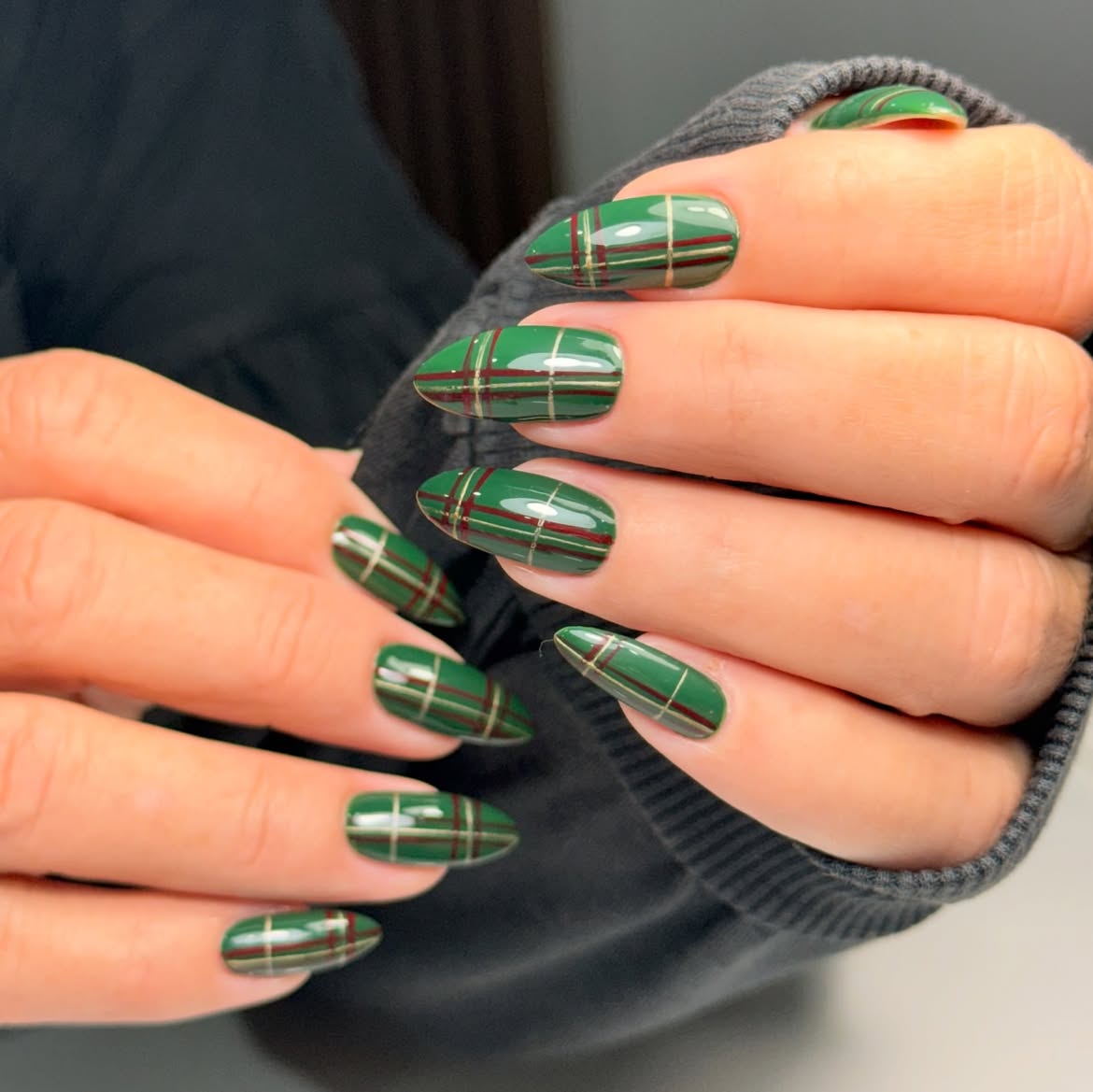 Emerald Green Plaid Almond Nails with Gold Accents