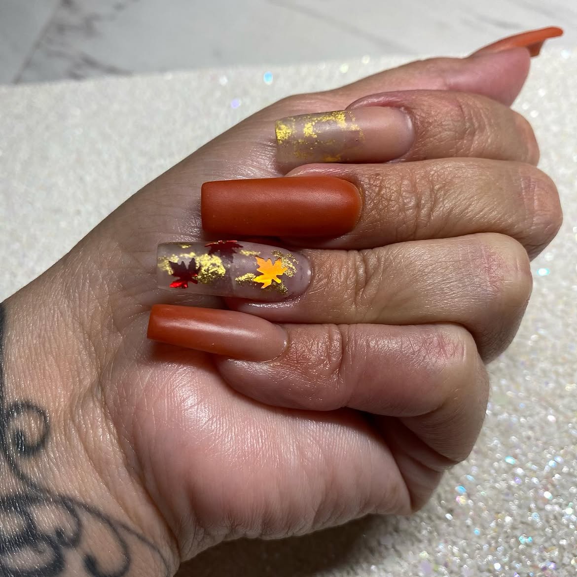 Fall Leaves Ombre Coffin Nails with Matte Accents