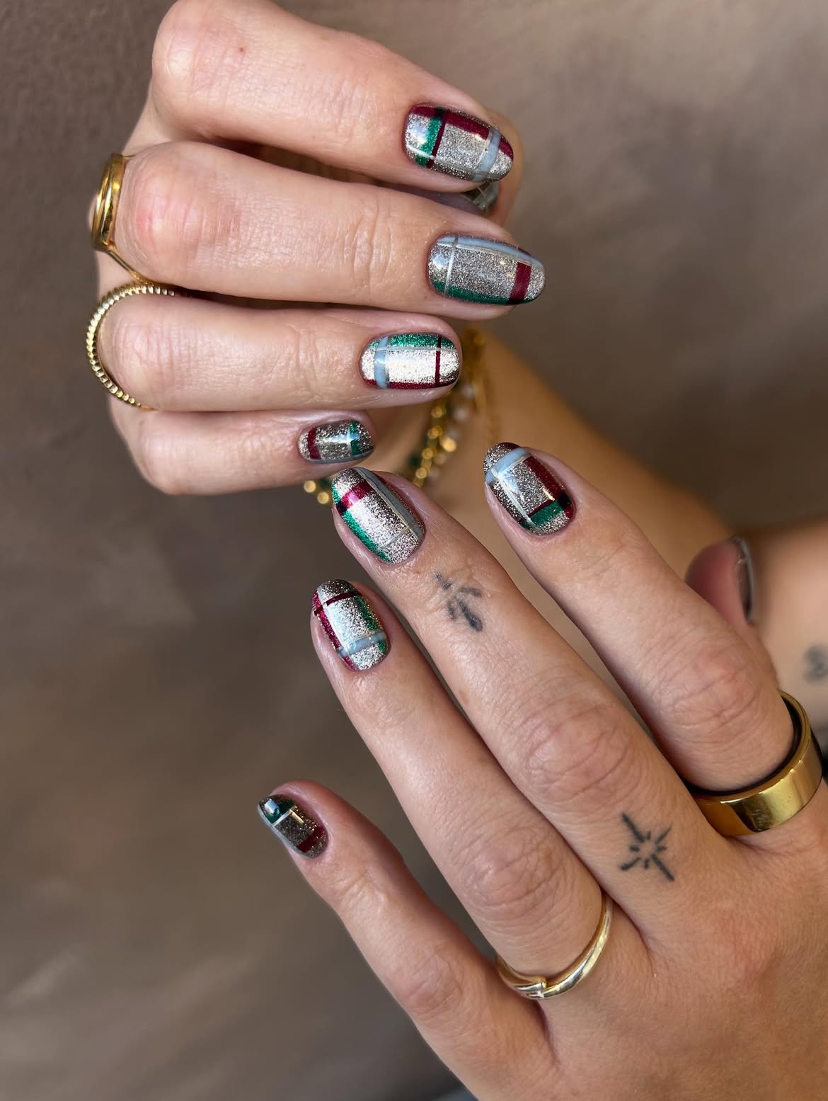 Festive Plaid Glitter Almond Nails