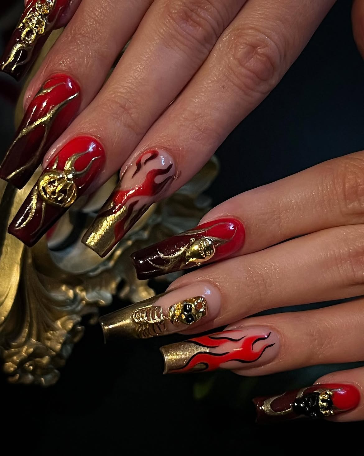 Fiery Red and Gold Skull Coffin Nails