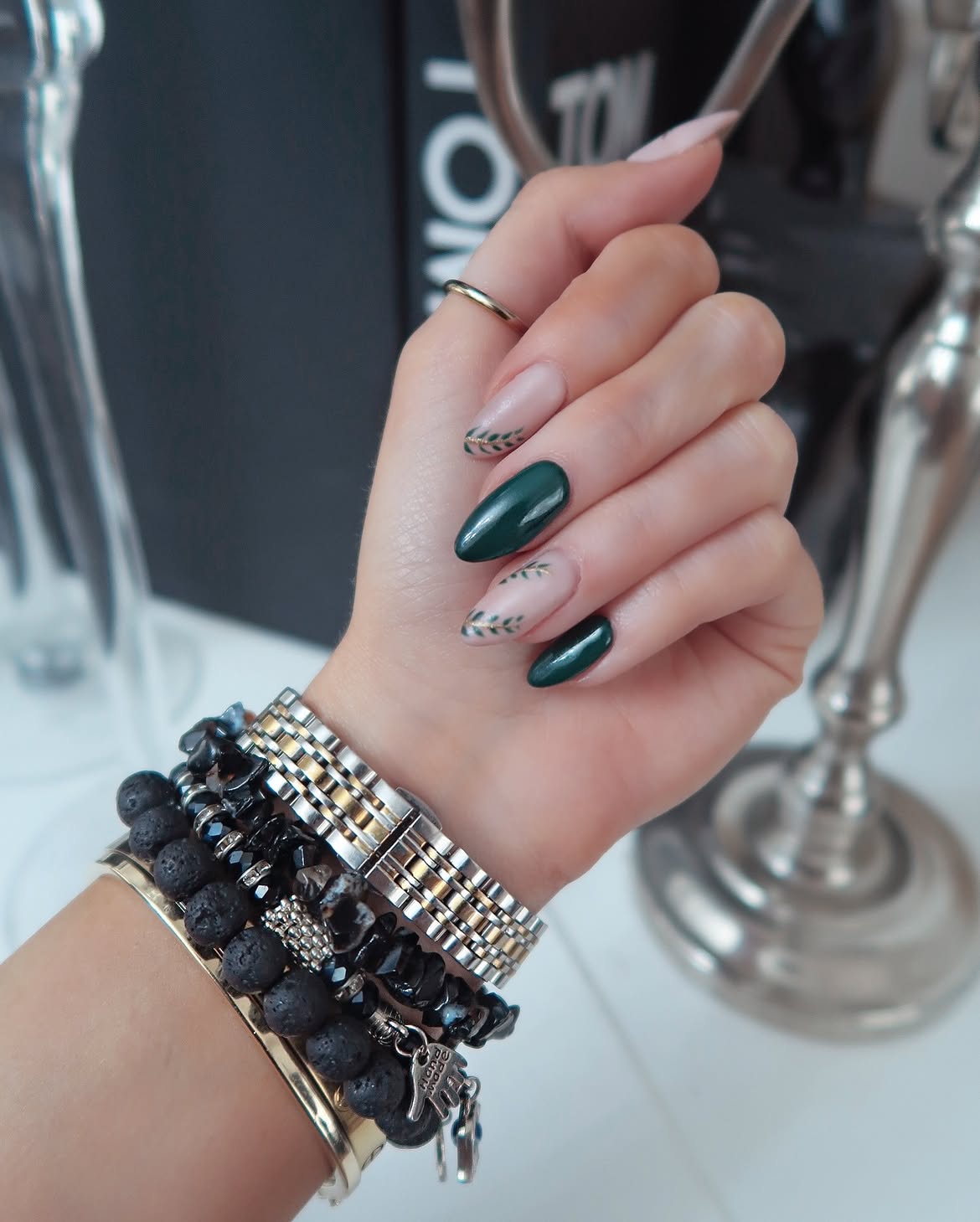 Forest Green Leaf Accent Almond Nails