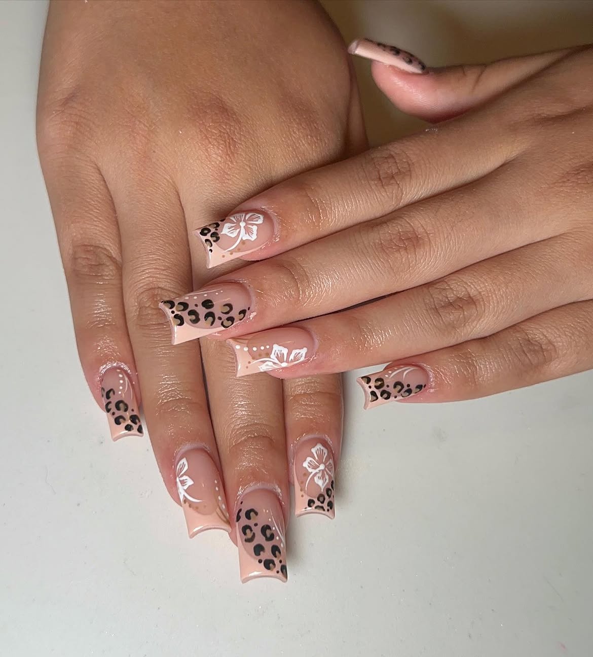 French Tip Leopard Floral Square Nails