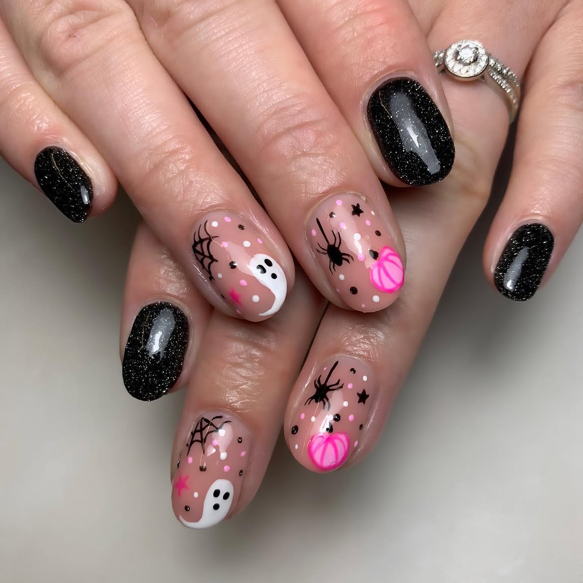 Glitter Black and Spooky Halloween Character Nails