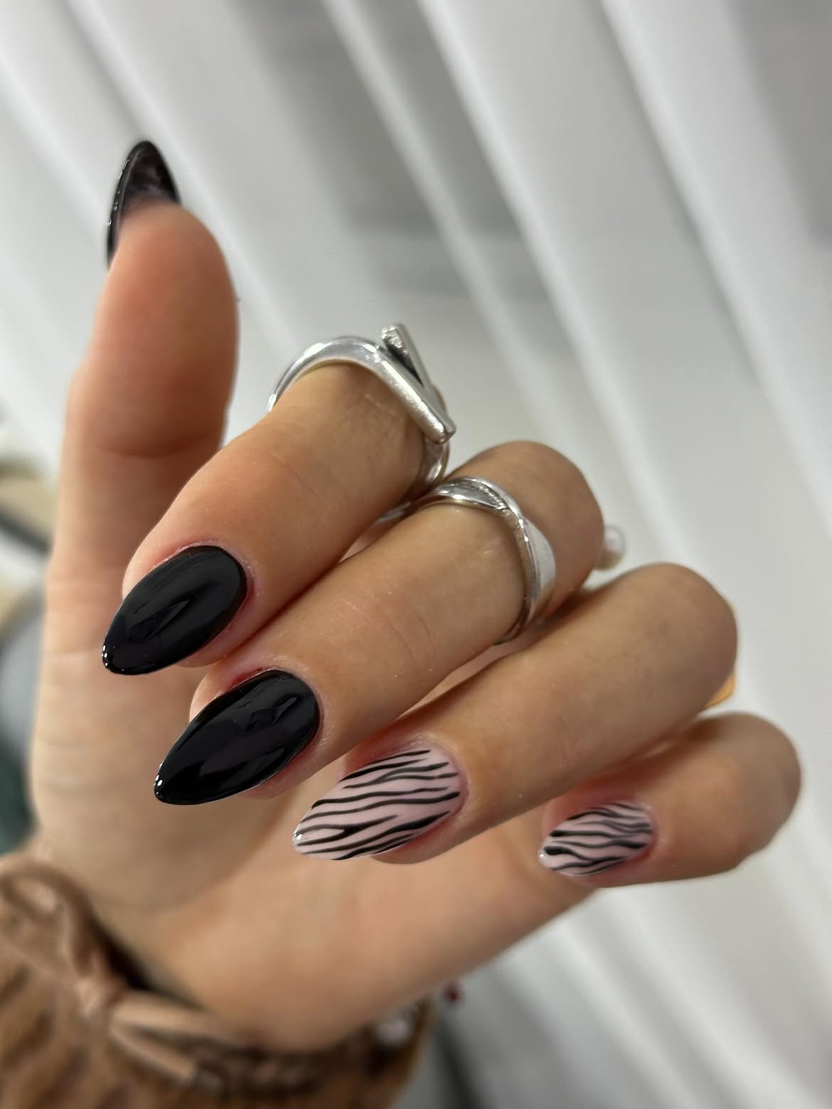 Glossy Black and Pink Zebra Print Almond Nails