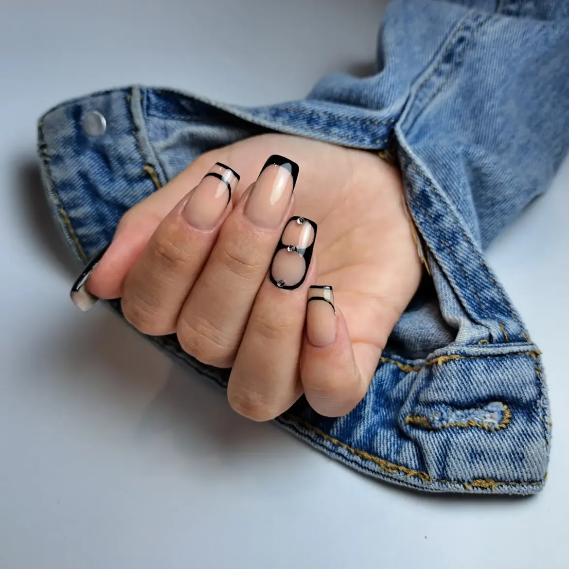 Glossy Black French Tips with Rhinestone Accents